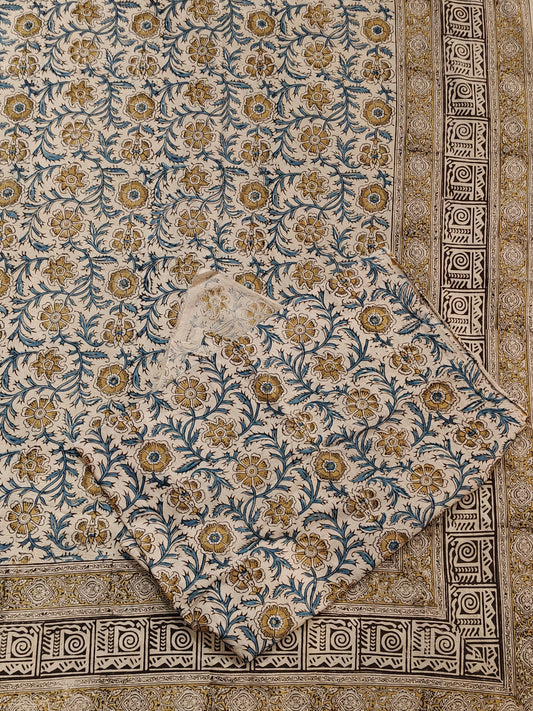 Blue and mustard floral design Kalamkari hand block printed smooth satin cotton king size bedsheet + 2 pillow covers
