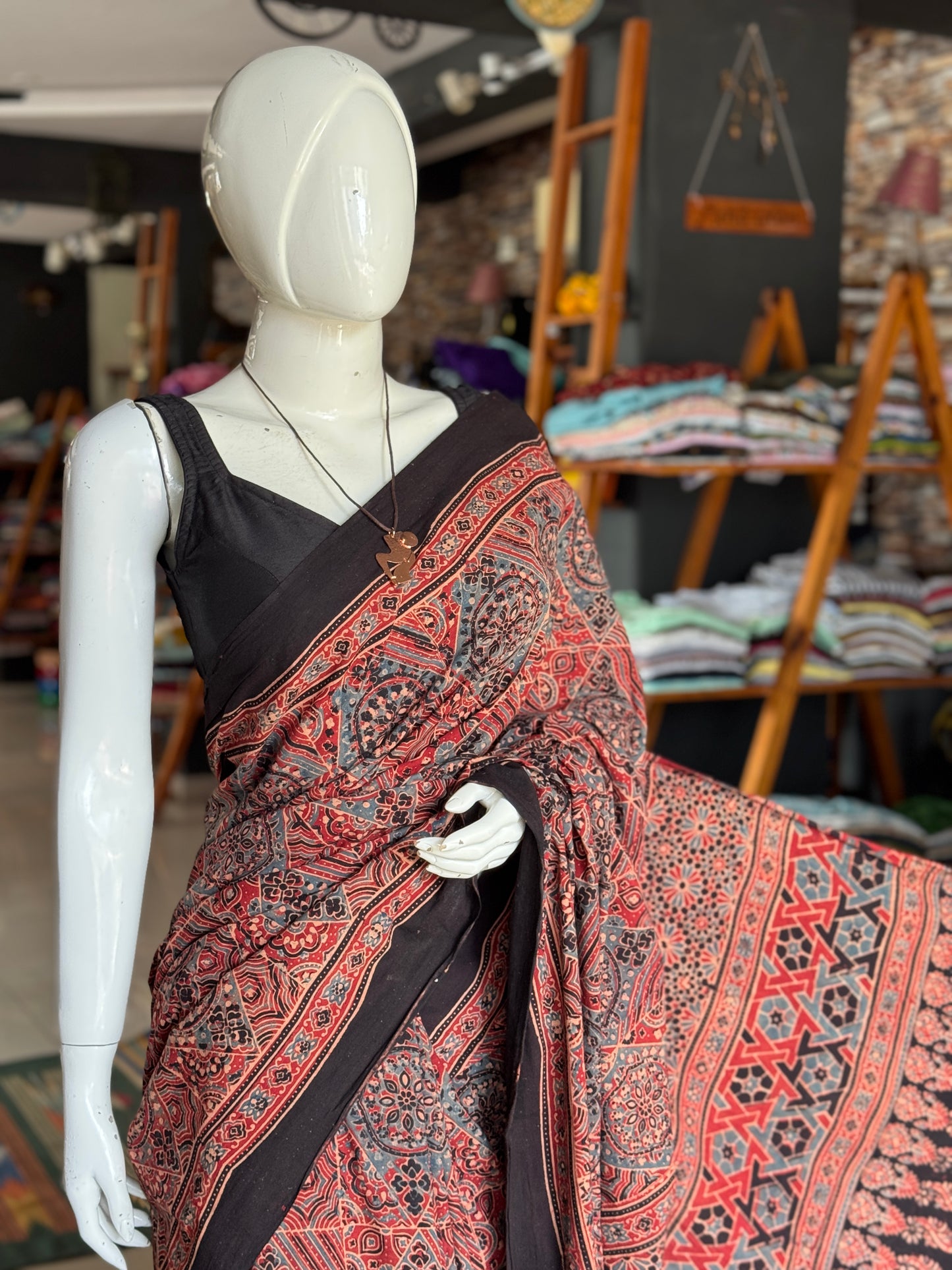 Ajrakh hand block printed 60s cotton saree - design options available