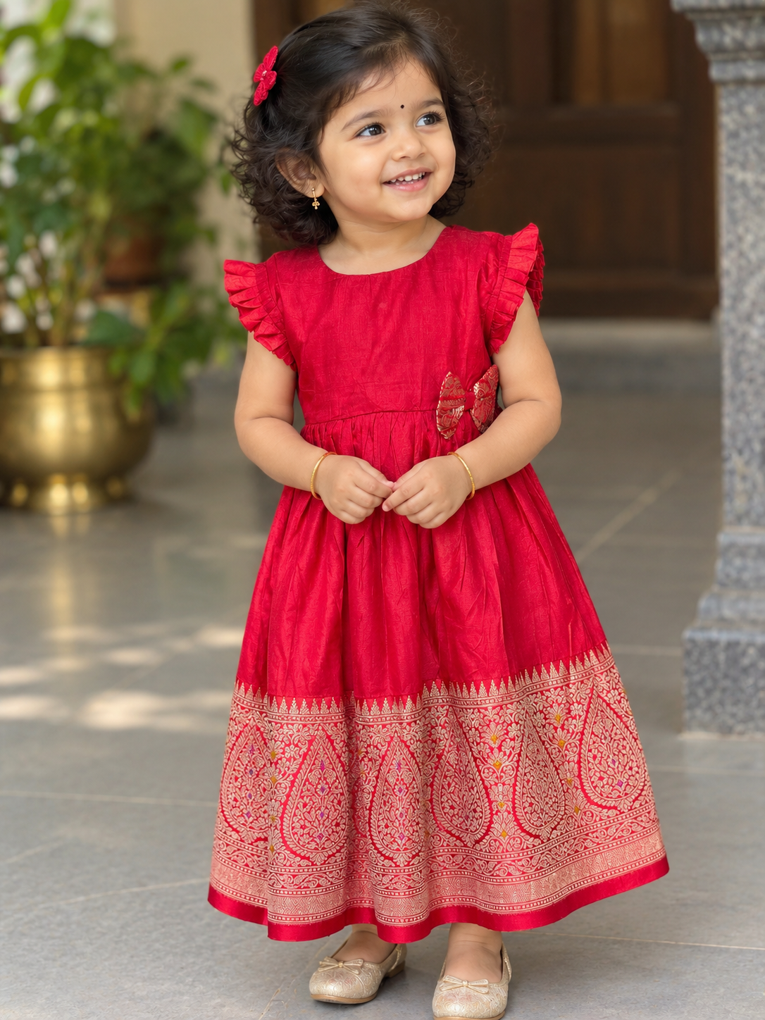 Red pure silk hand woven frock for girls