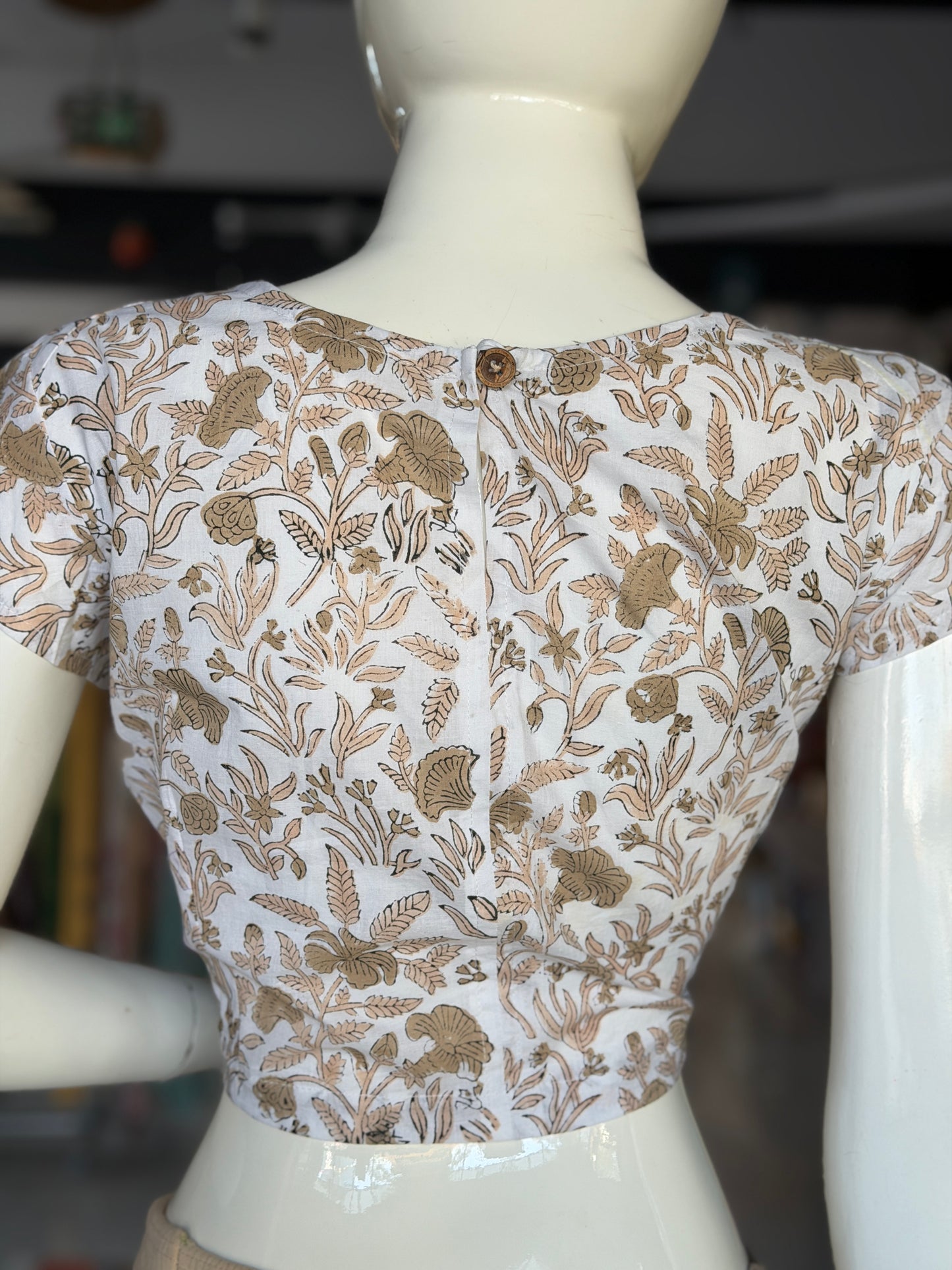 White and brown hand block printed cotton short top / blouse