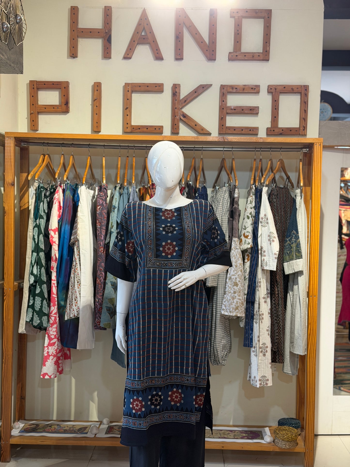 Indigo stripes Ajrakh hand block printed cotton straight kurti