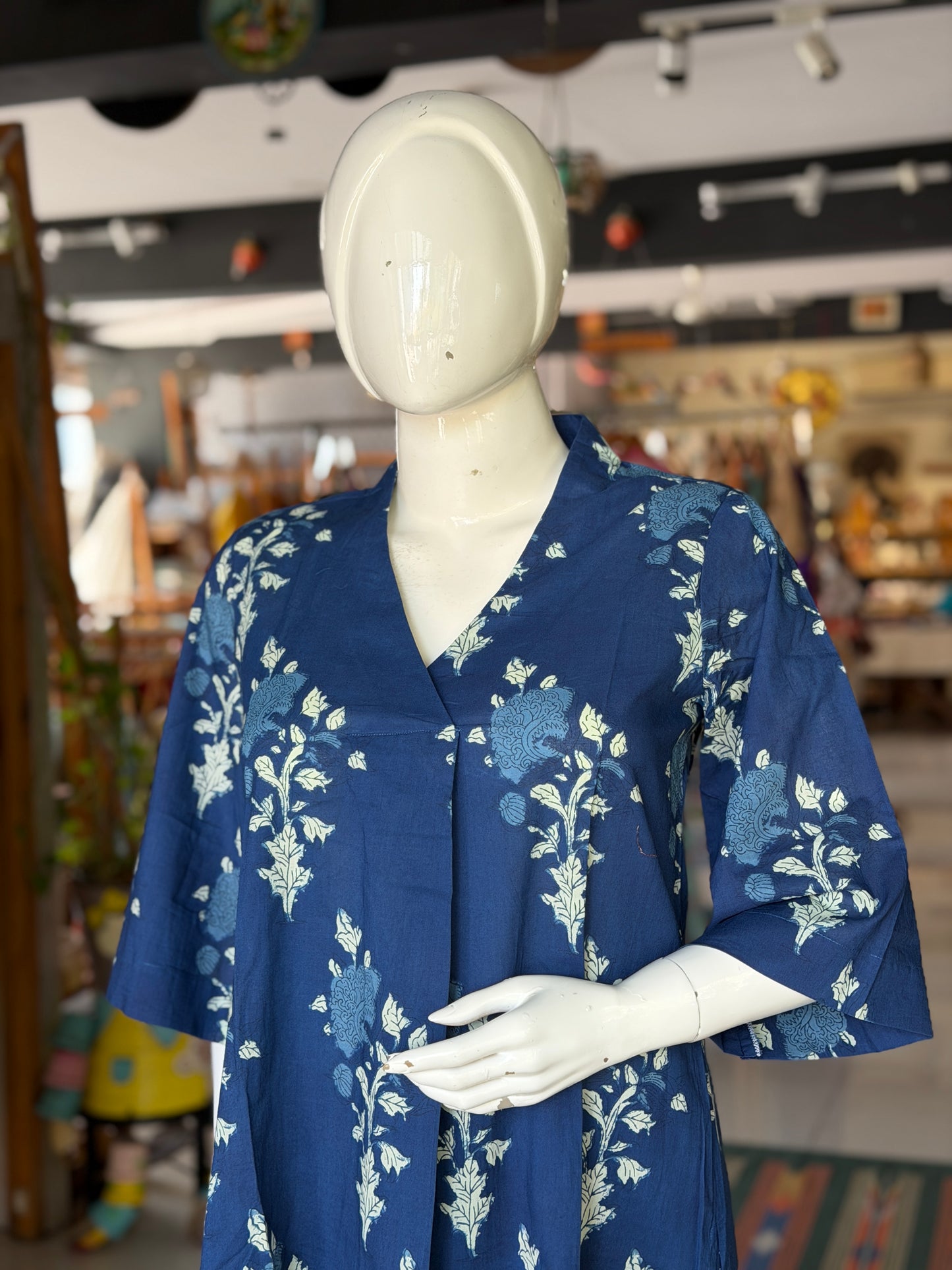 Indigo blue cotton front pleated kurti, pants - 2 piece set