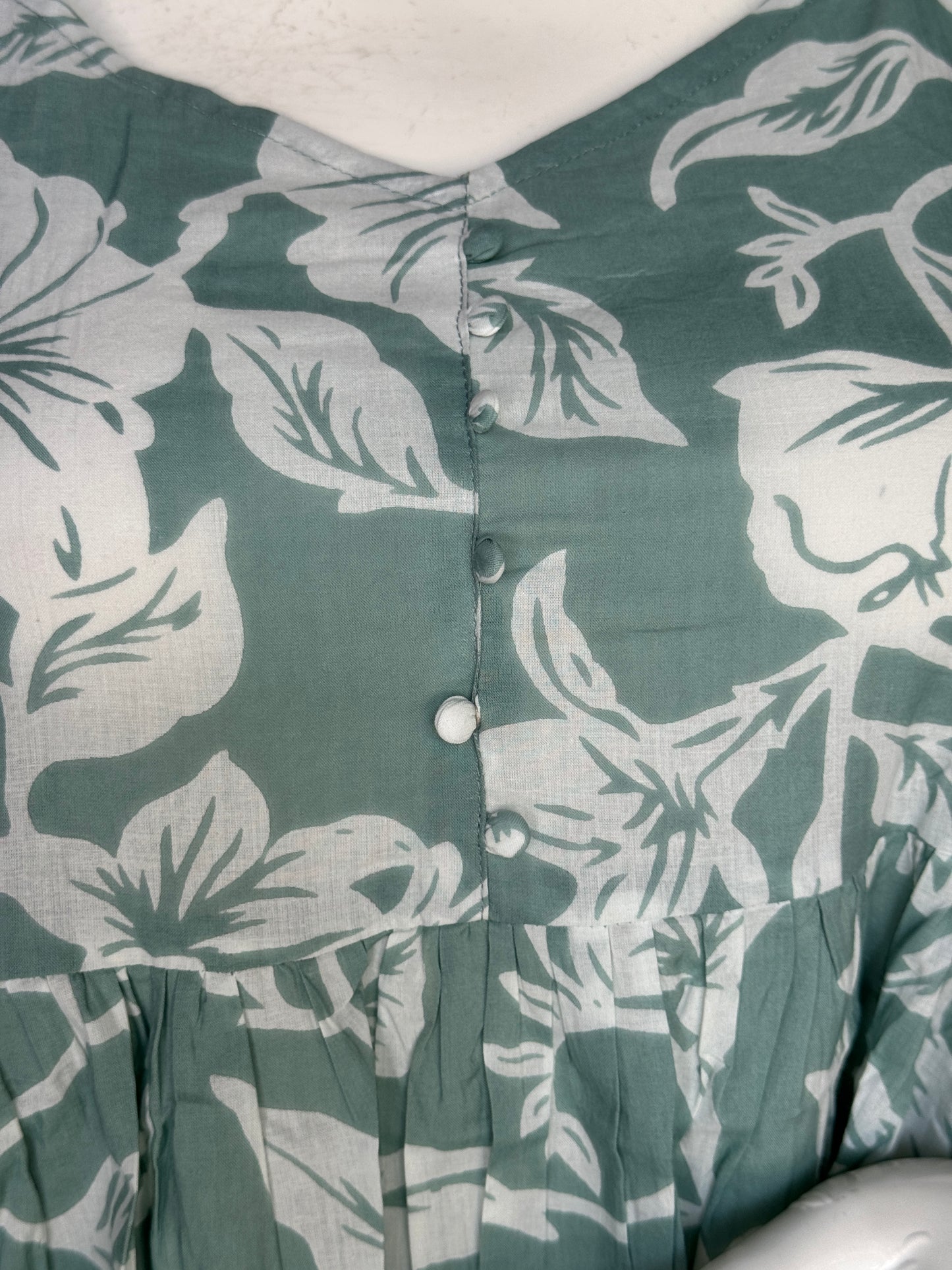 Sage green leaves printed strappy cotton dress
