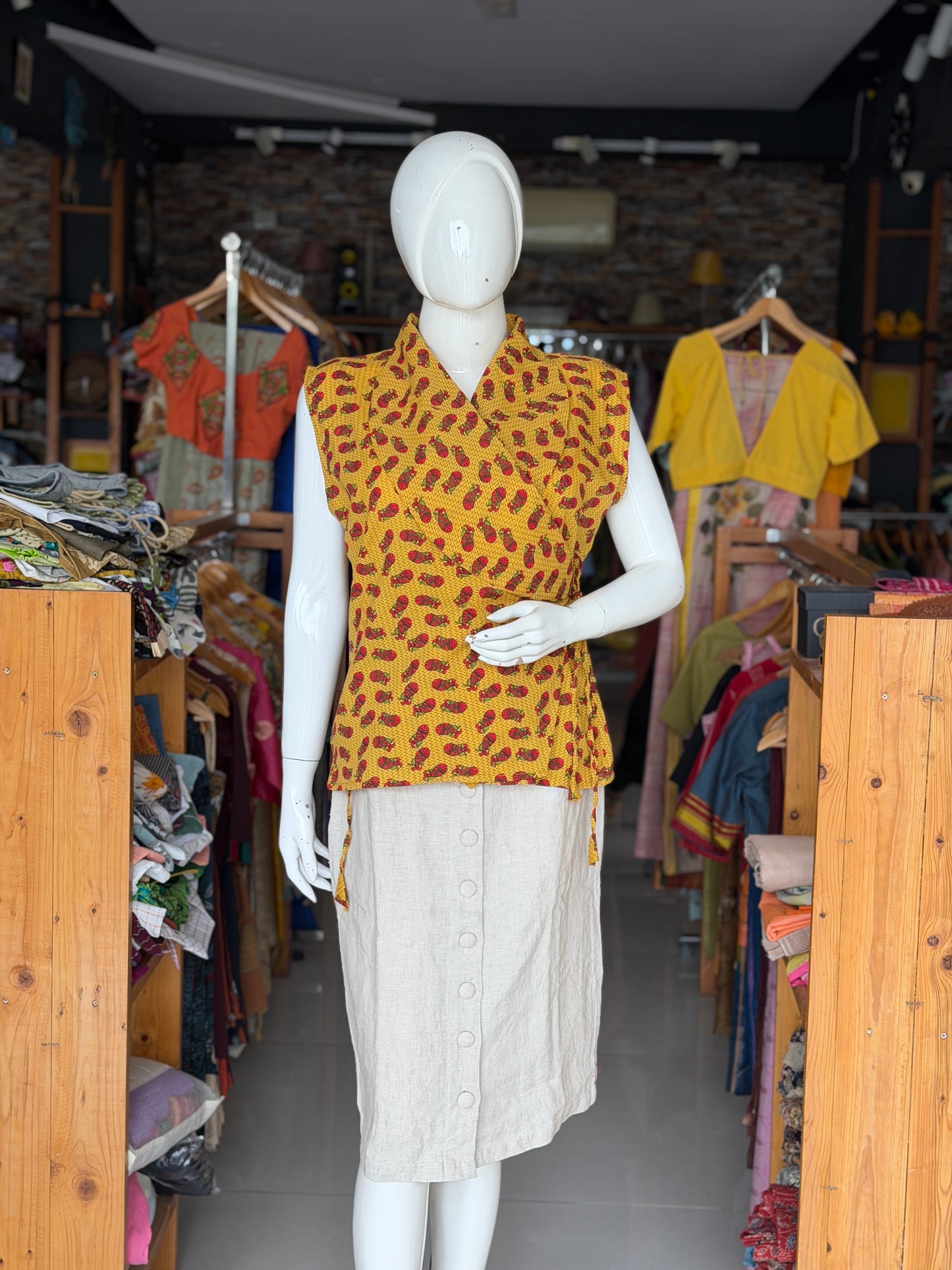 Yellow fish hand block printed collared cotton top