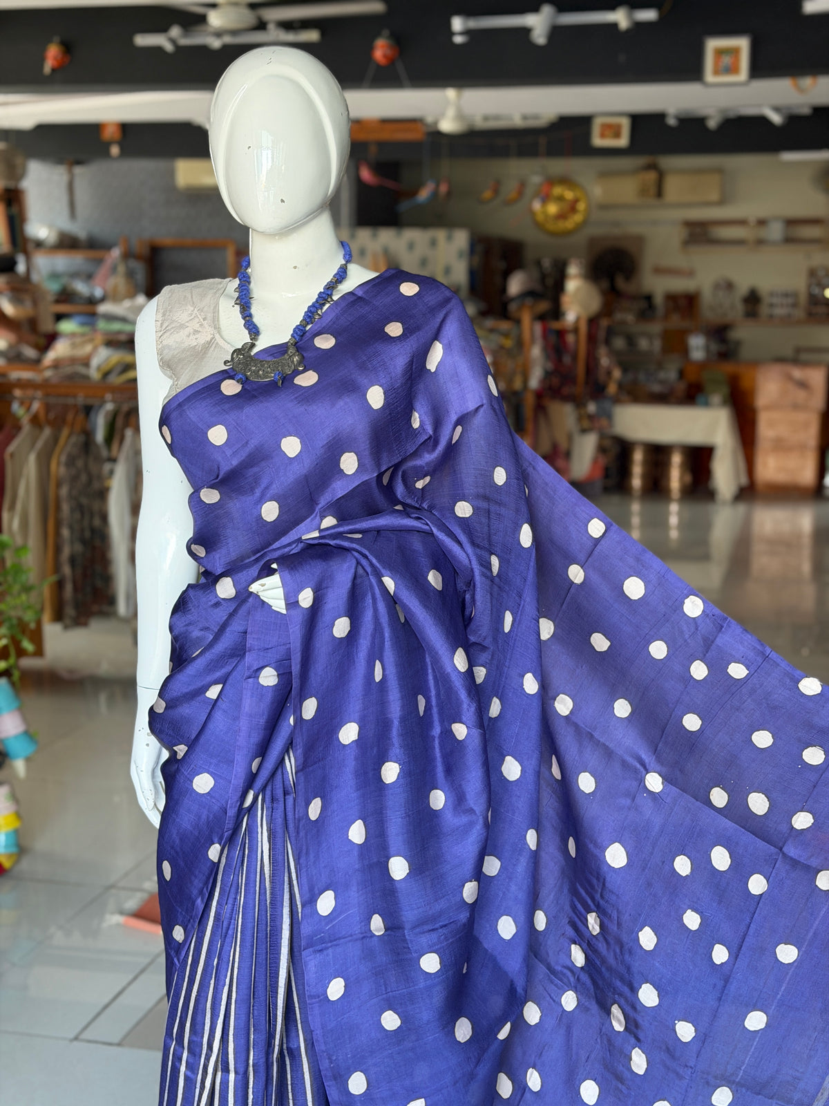 Blue dots and stripes hand painted, hand batik soft 3 ply Murshidabad silk saree