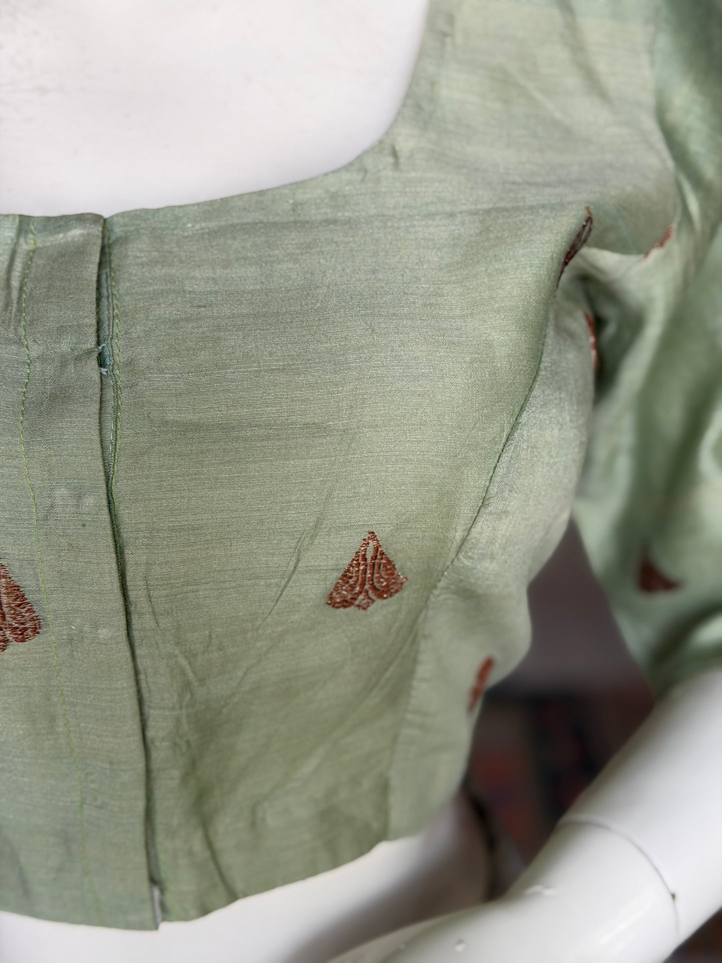 Sage green handwoven pure silk elbow sleeved blouse - both front and back open options available
