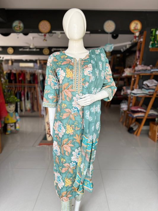 Turquoise floral print cotton suit set with matching straight pants and dupatta - 3 piece set