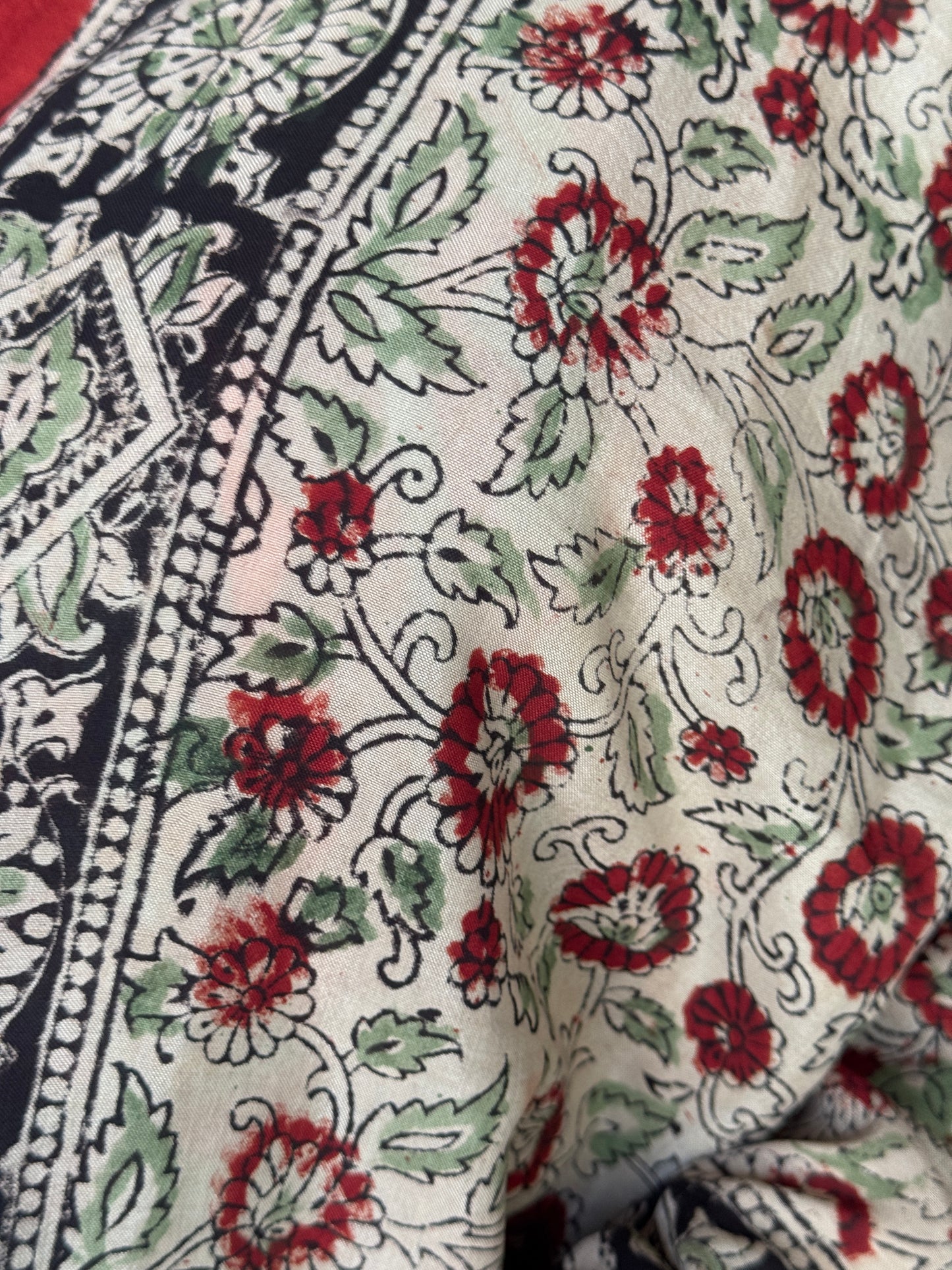 Beige with red floral design Kalamkari hand block printed art silk dupatta