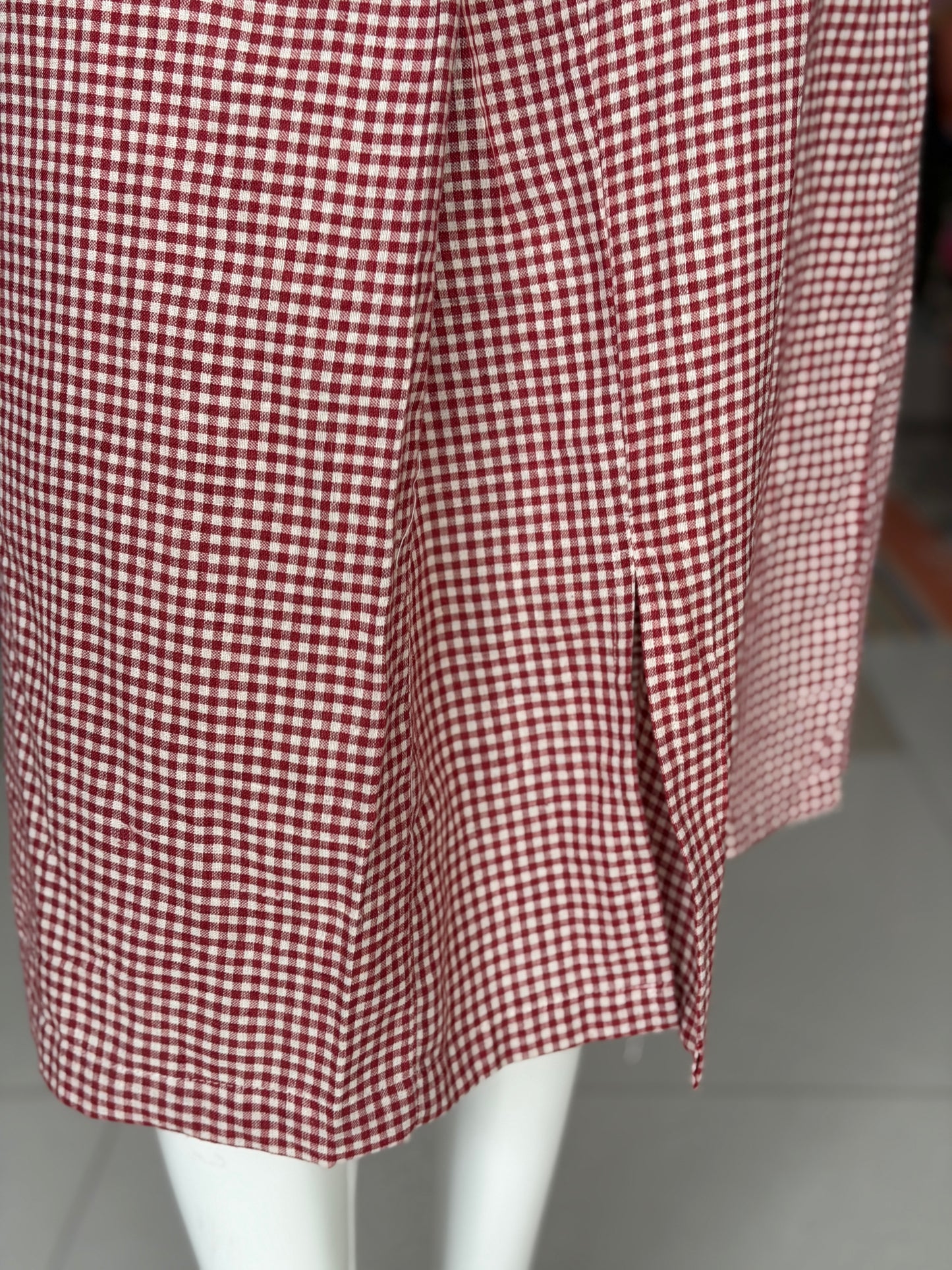 Red and white checks hand spun, hand woven, natural dyed cotton skirt with natural wooden buttons
