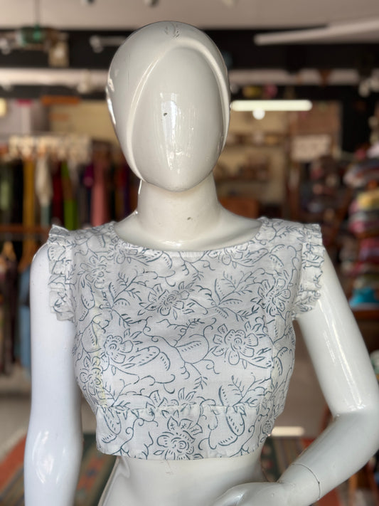 Floral hand block printed on white frilly sleeves cotton blouse