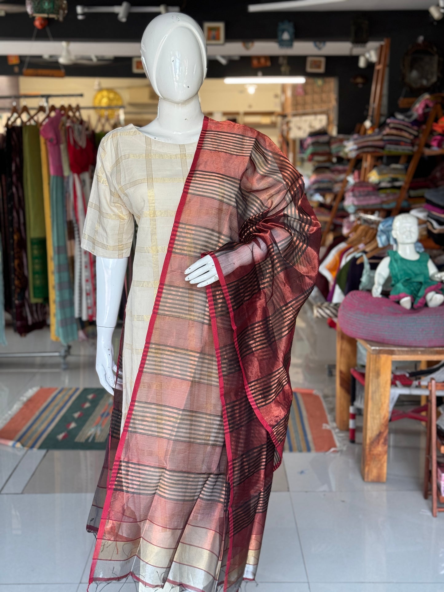 Maroon, black and gold stripes handloom silk cotton dupatta - copper zari