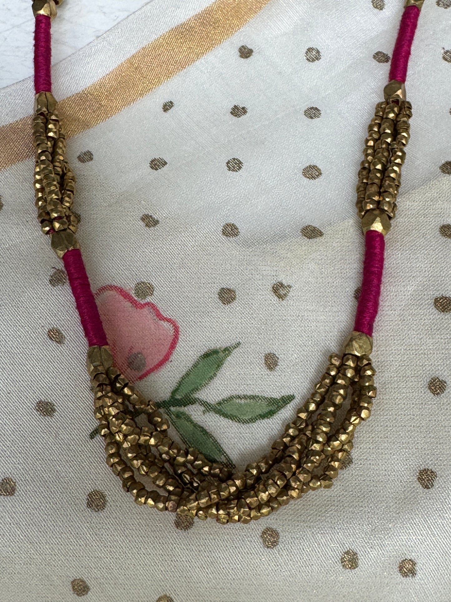 Pink wrapped cord thread and dokra brass beads chain bunch handcrafted neckpiece