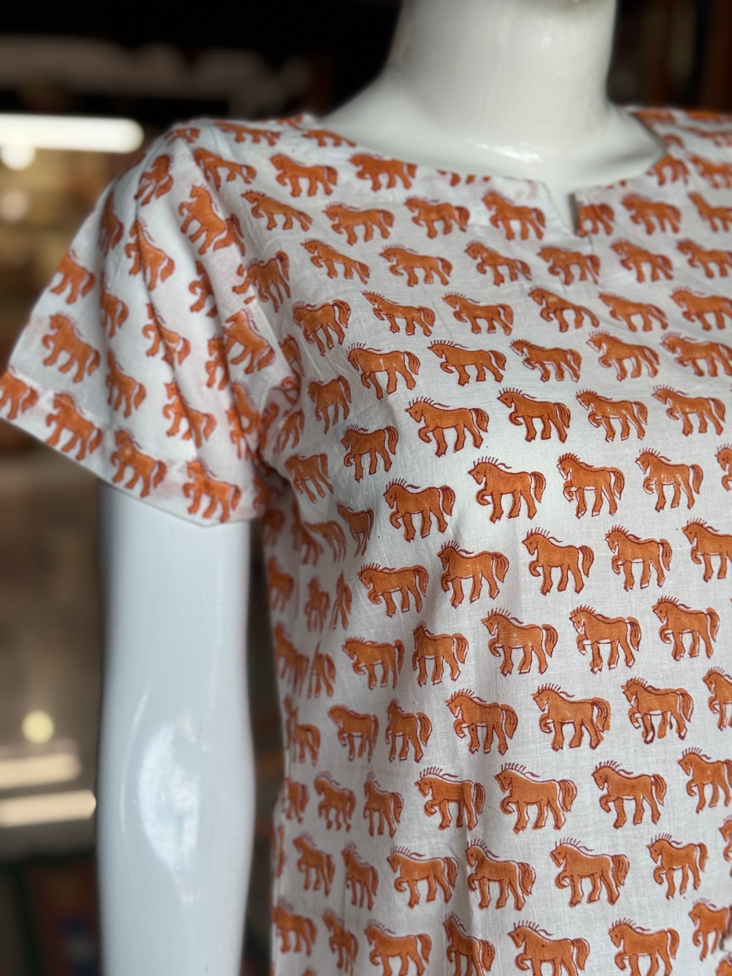 Horses print hand block printed white cotton short kurti