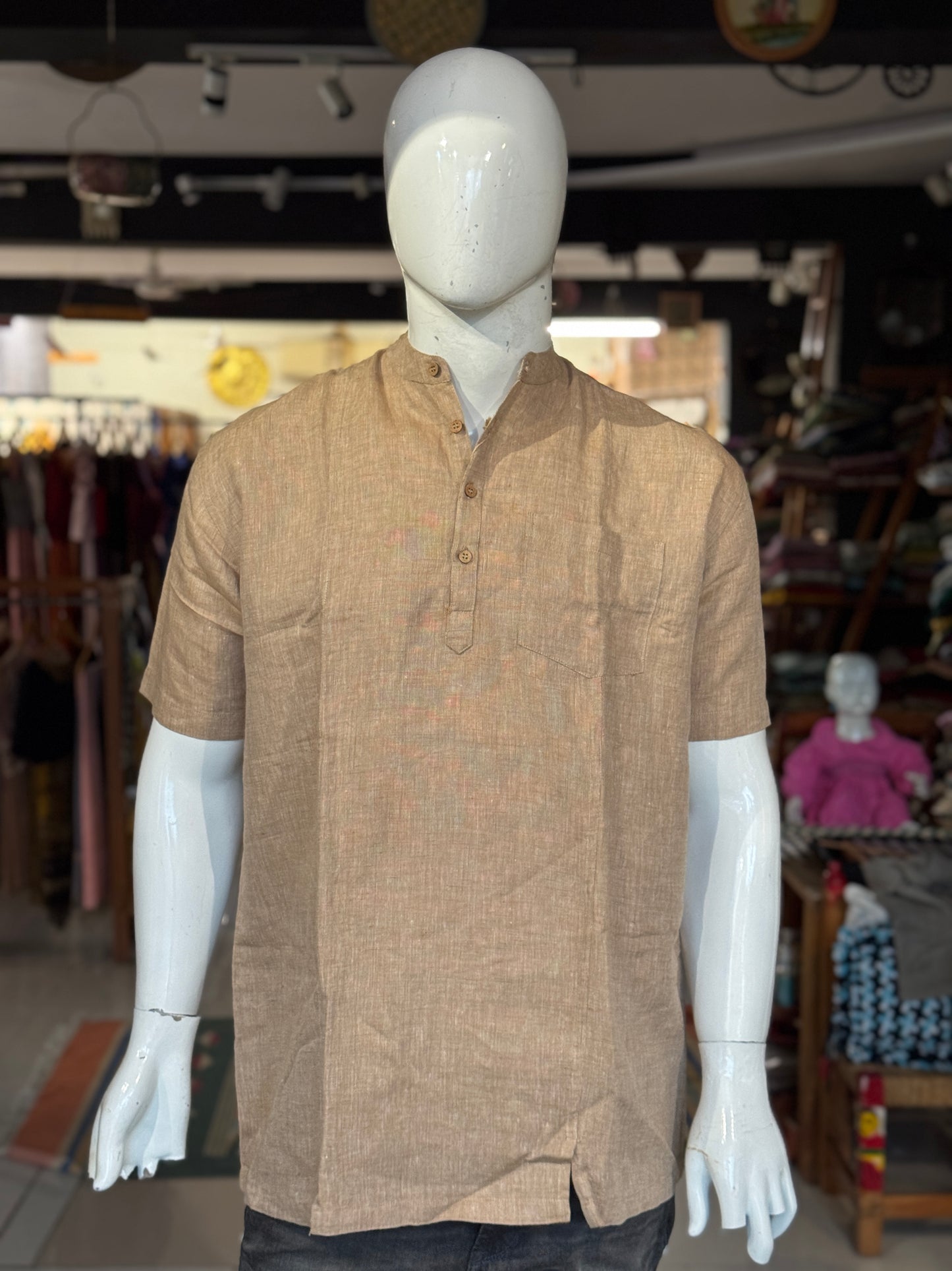 Light brown handwoven linen band collared short kurta for men with wooden buttons