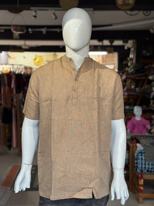 Light brown handwoven linen band collared short kurta for men with wooden buttons