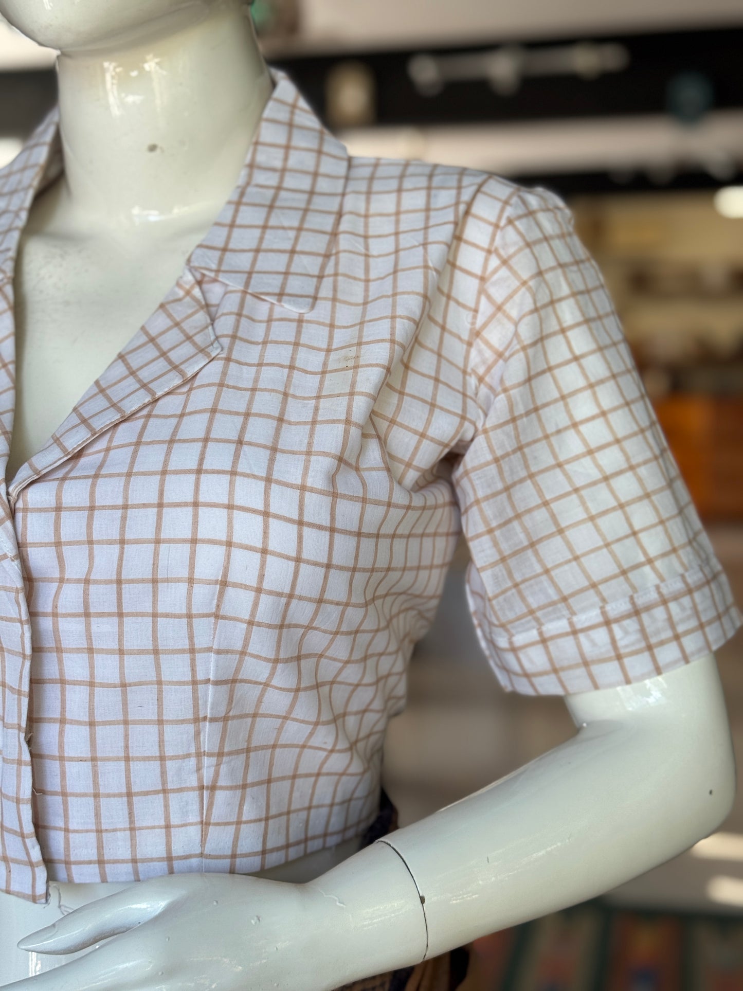 White with brown checks collared handloom cotton front open blouse
