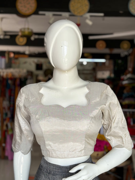 Silver tissue silk Chanderi handloom blouse with sweetheart neck and scallop details for sleeves and neck