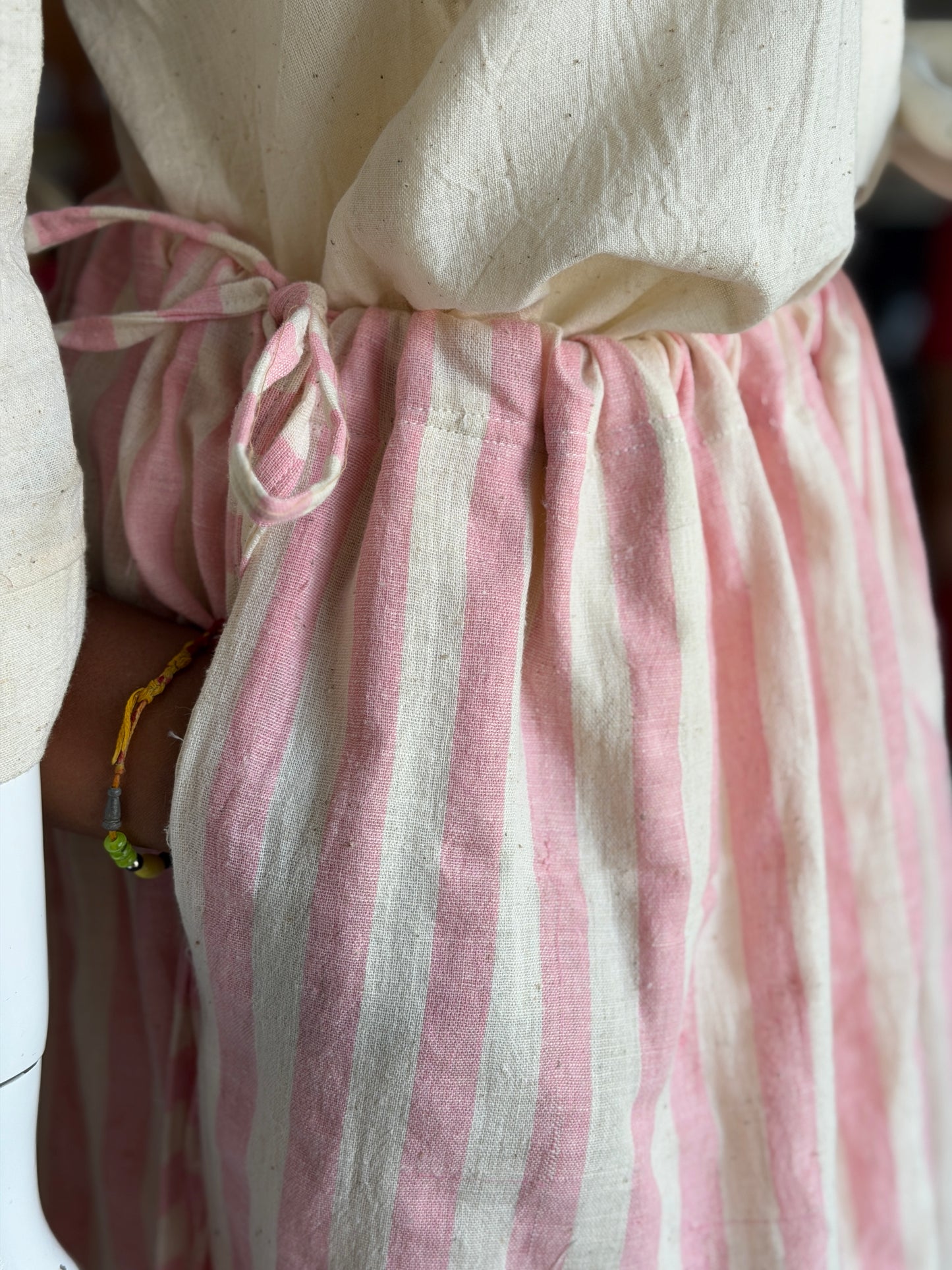 Light pink and off white stripes hand woven kala cotton viral jalu skirt with pockets - free size with both sides draw string