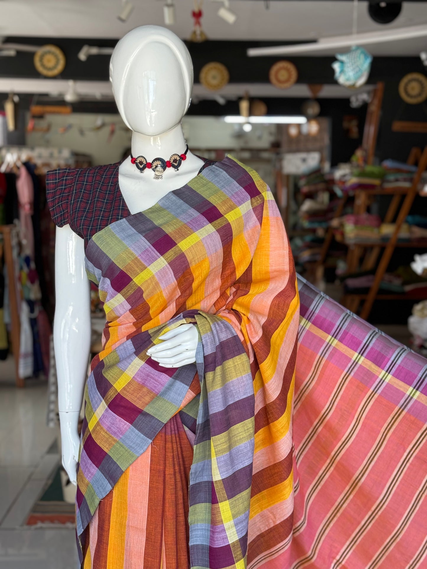 Bright orange and brown stripes hand woven soft cotton saree