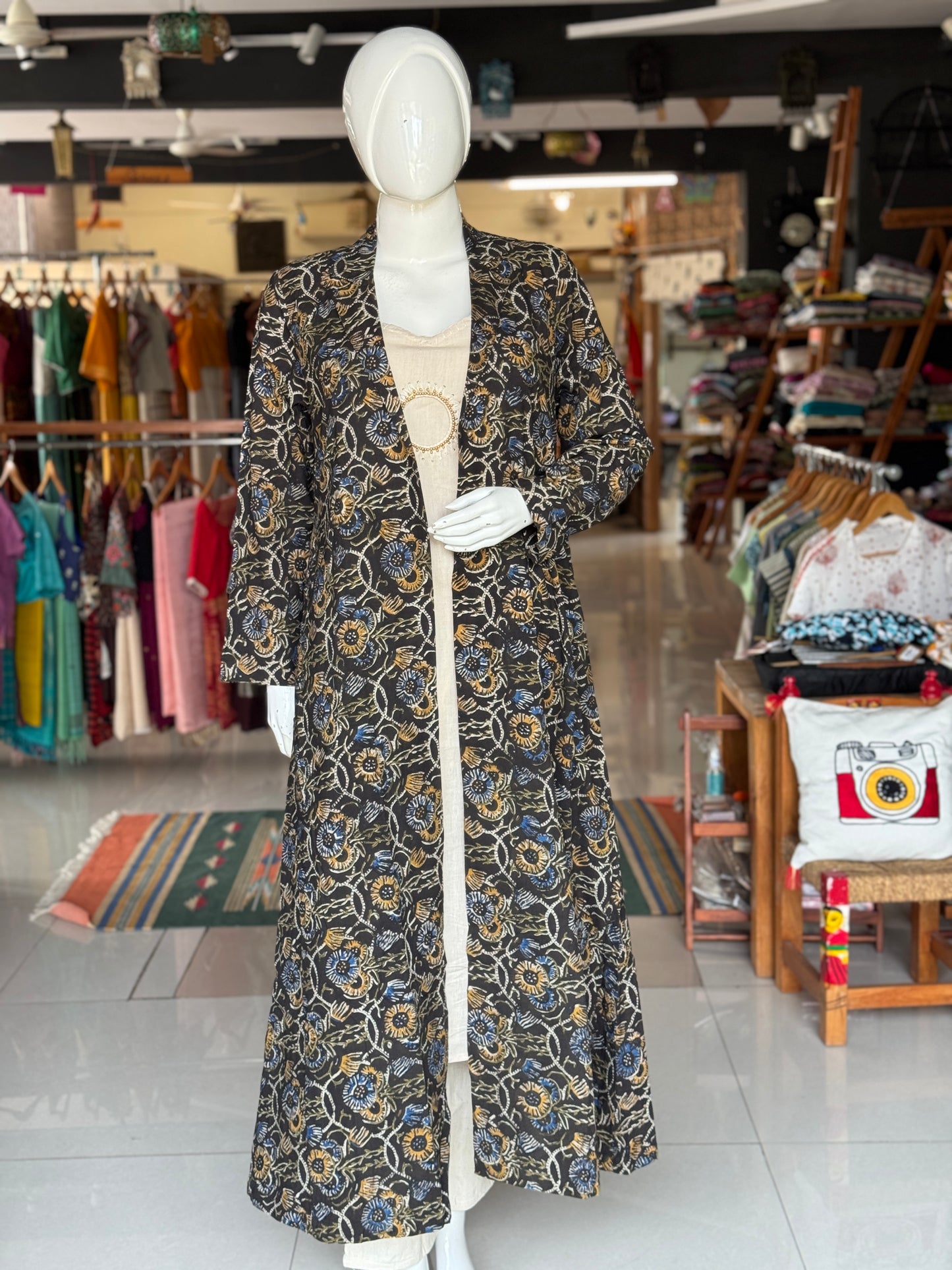 Black floral hand block printed cotton long jacket with sleeves