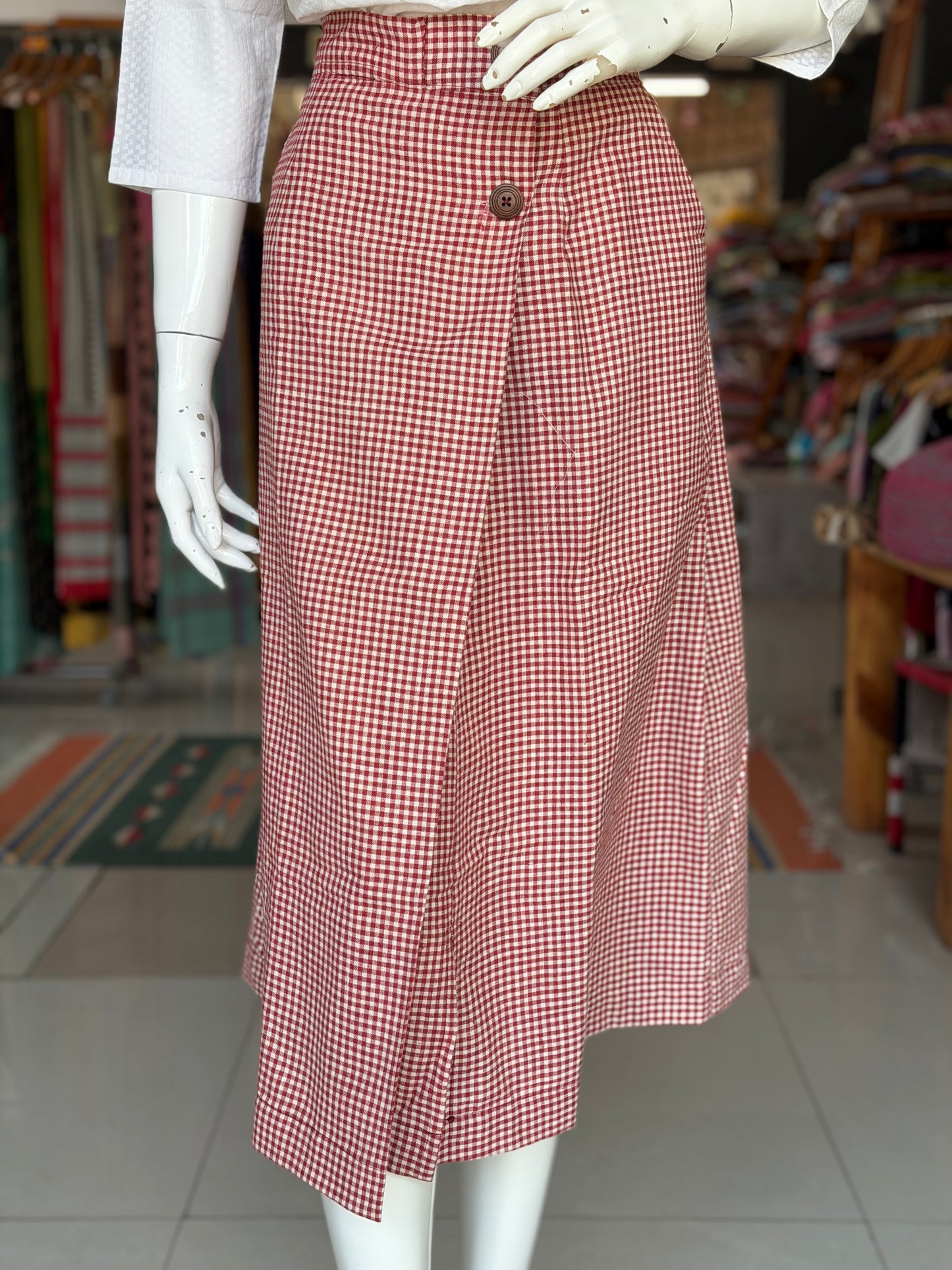 Red and white checks hand spun, hand woven, natural dyed cotton skirt