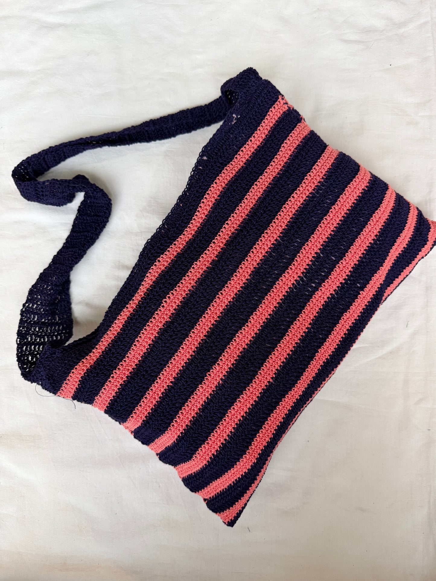 Navy blue and peach zippered wide crochet hand bag with lining - hand made with love
