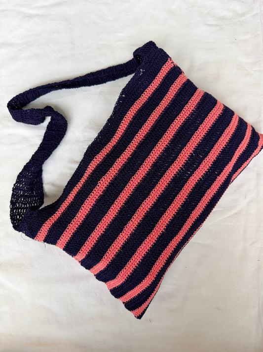 Navy blue and peach zippered wide crochet hand bag with lining - hand made with love