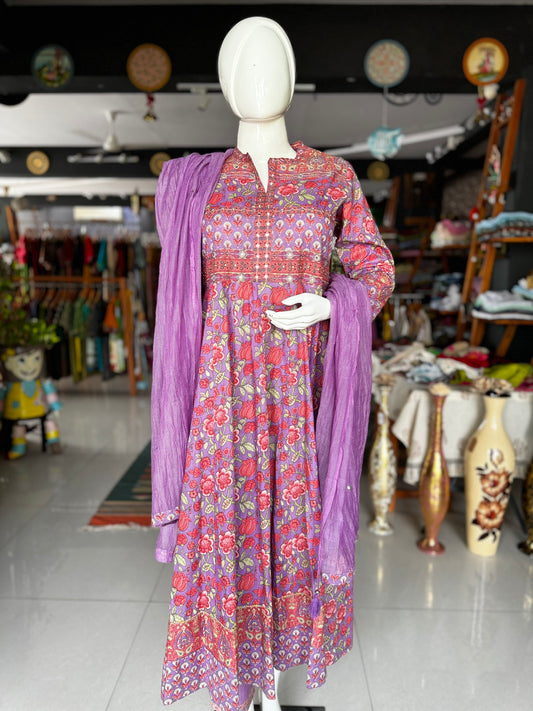 Lilac cotton anarkali Kurti, pants and dupatta - 3 piece set