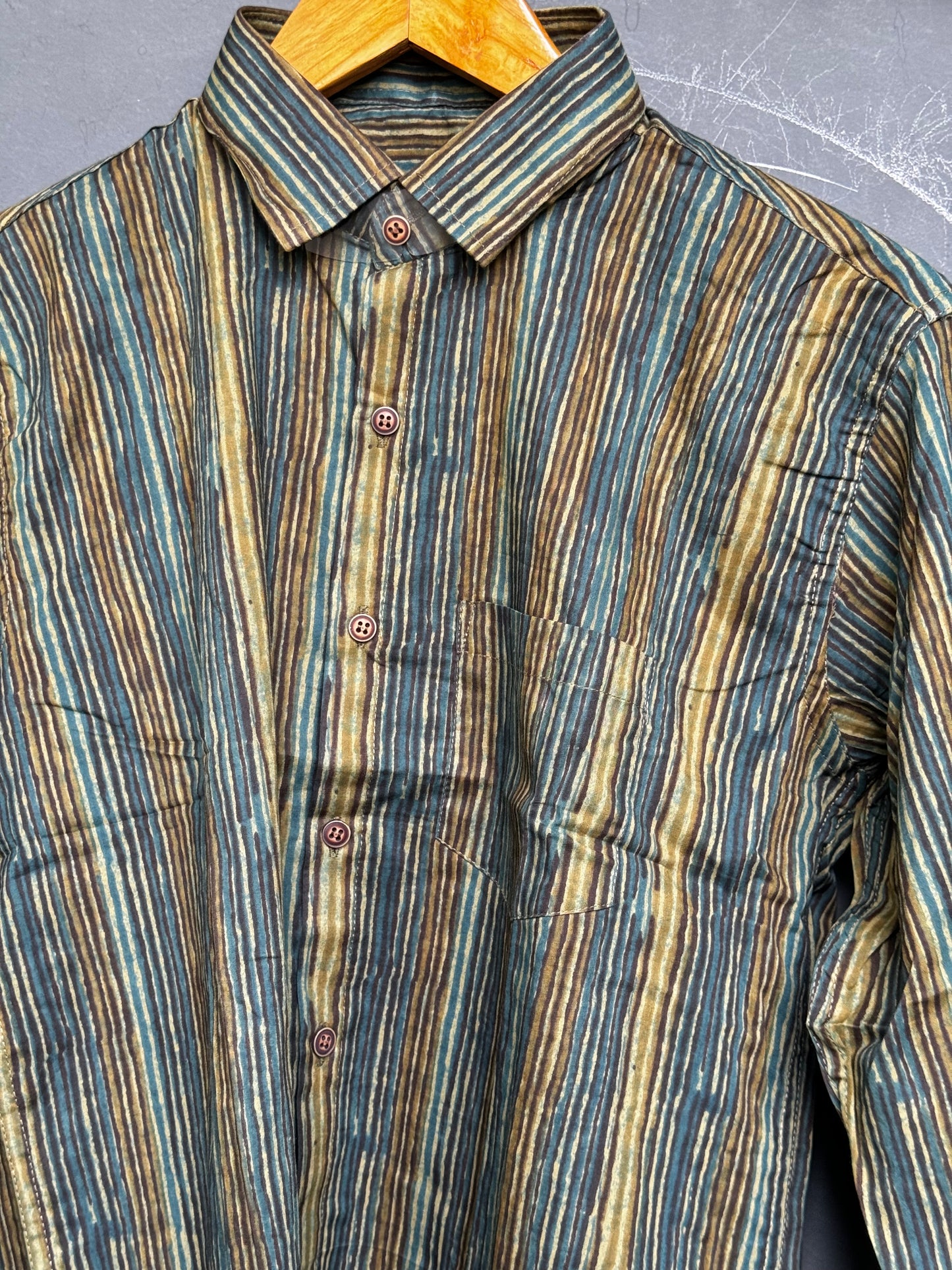 Green and yellow stripes handblock printed full sleeves cotton shirt for men