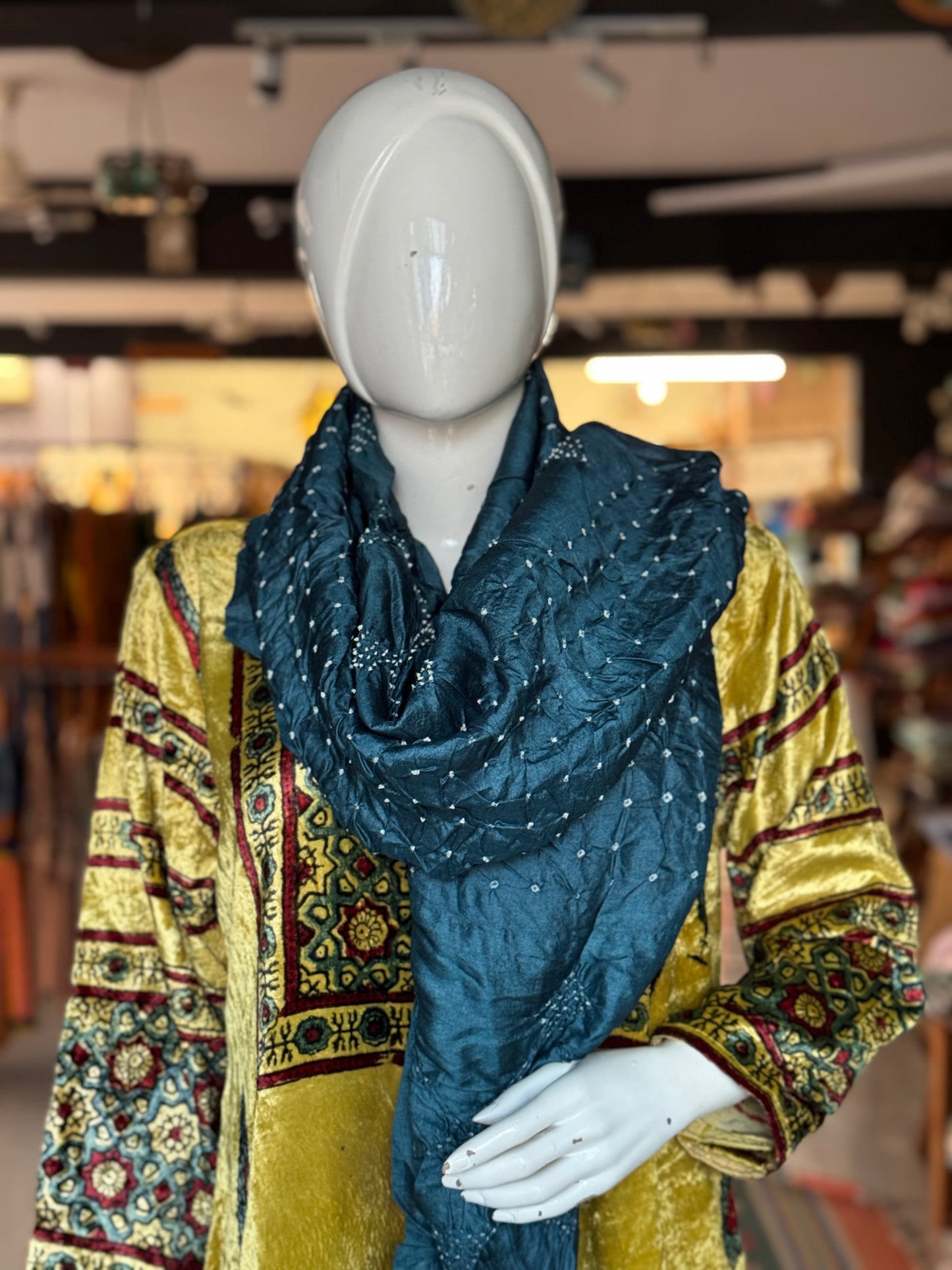 Teal green fine bandini hand woven tussar silk stole