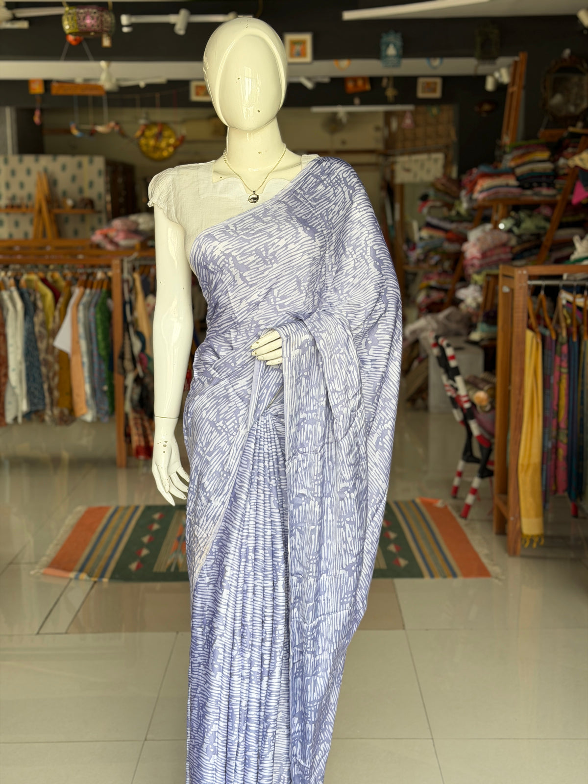 Lavender batik hand block soft modal yardage saree / fabric - handcrafted
