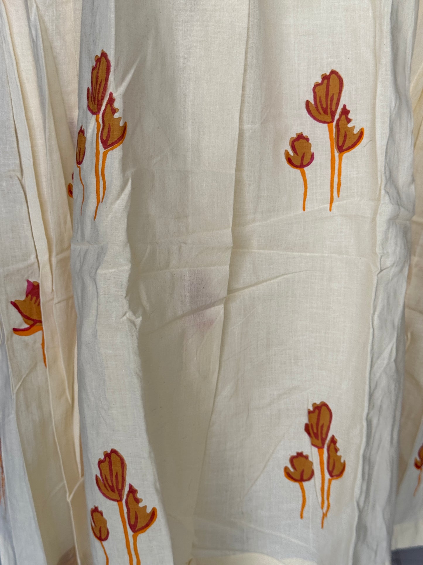 Cream floral hand block printed collared cotton dress