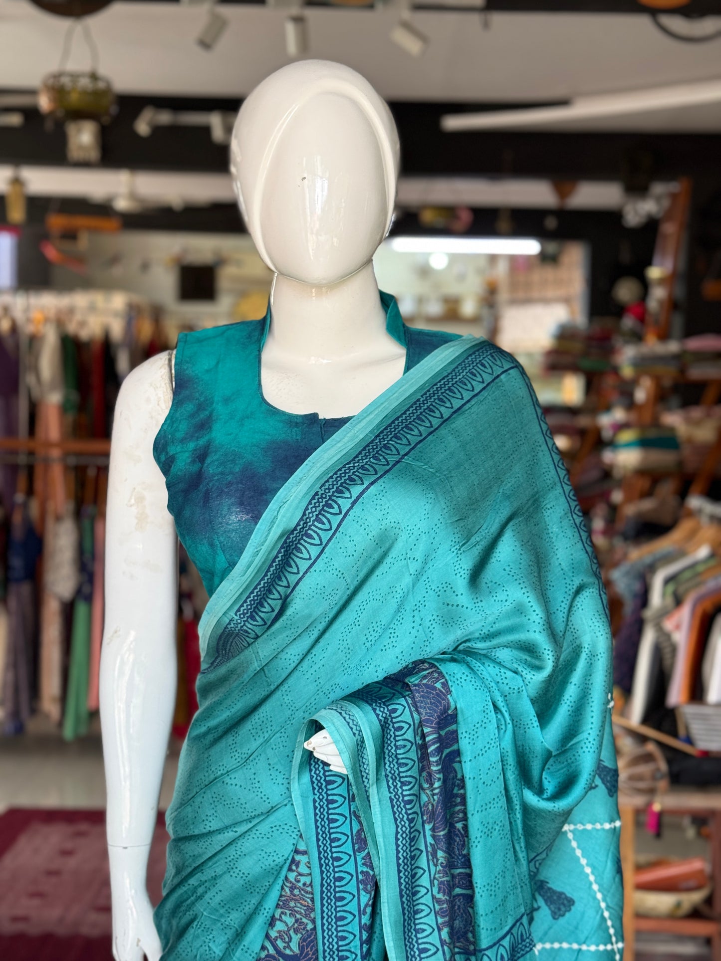 Turquoise hand block print designer modal saree