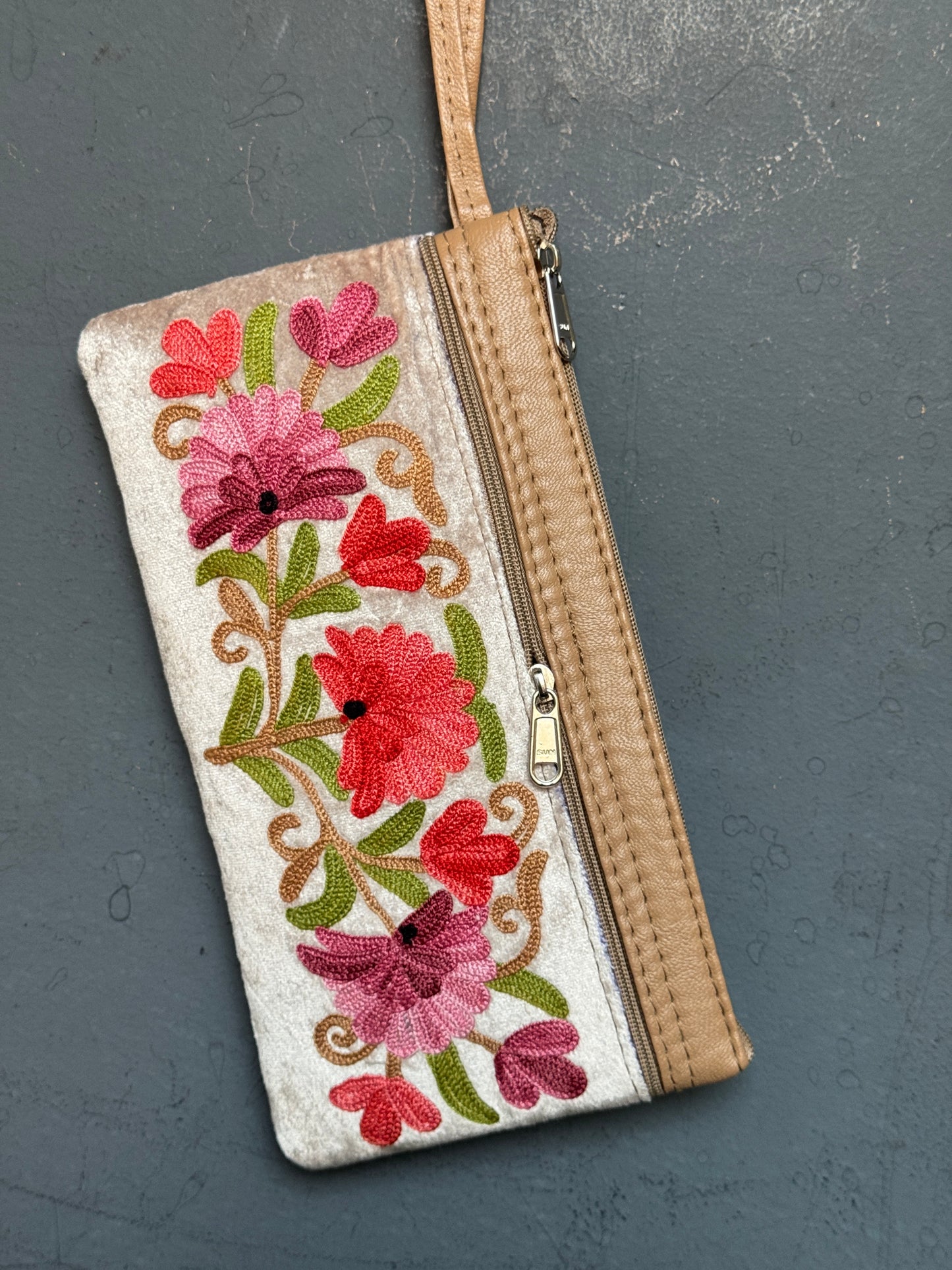 Wristlet purse pouch with Kashmiri floral Aari embroidery on both sides - 3 zippers