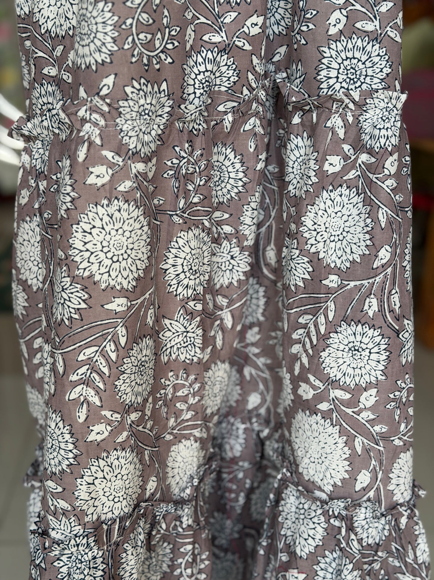 Brownish grey hand block printed cotton multi tiered dress with collared neck