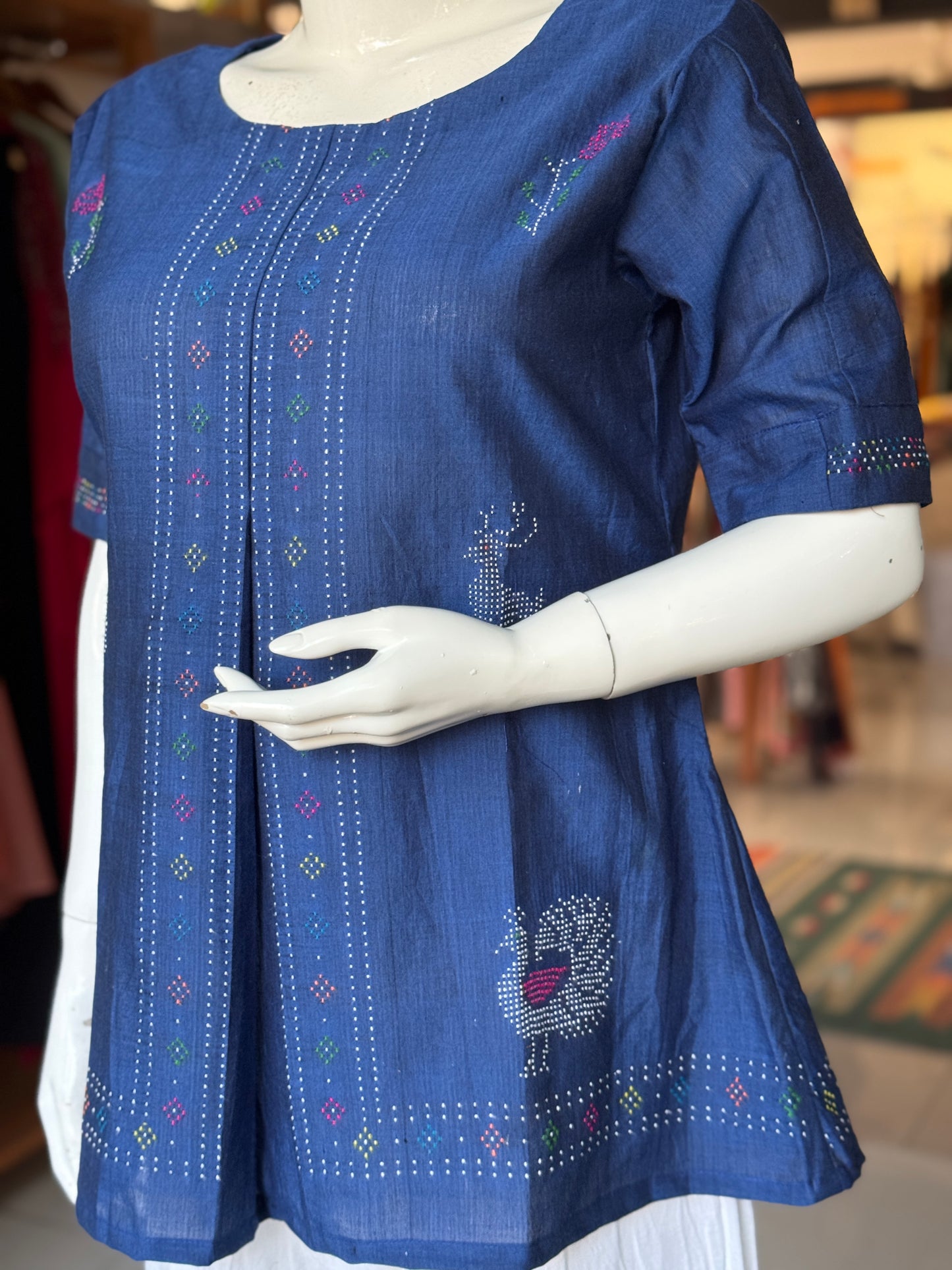 Blue Tangaliya handloom cotton top with rose n deer motifs