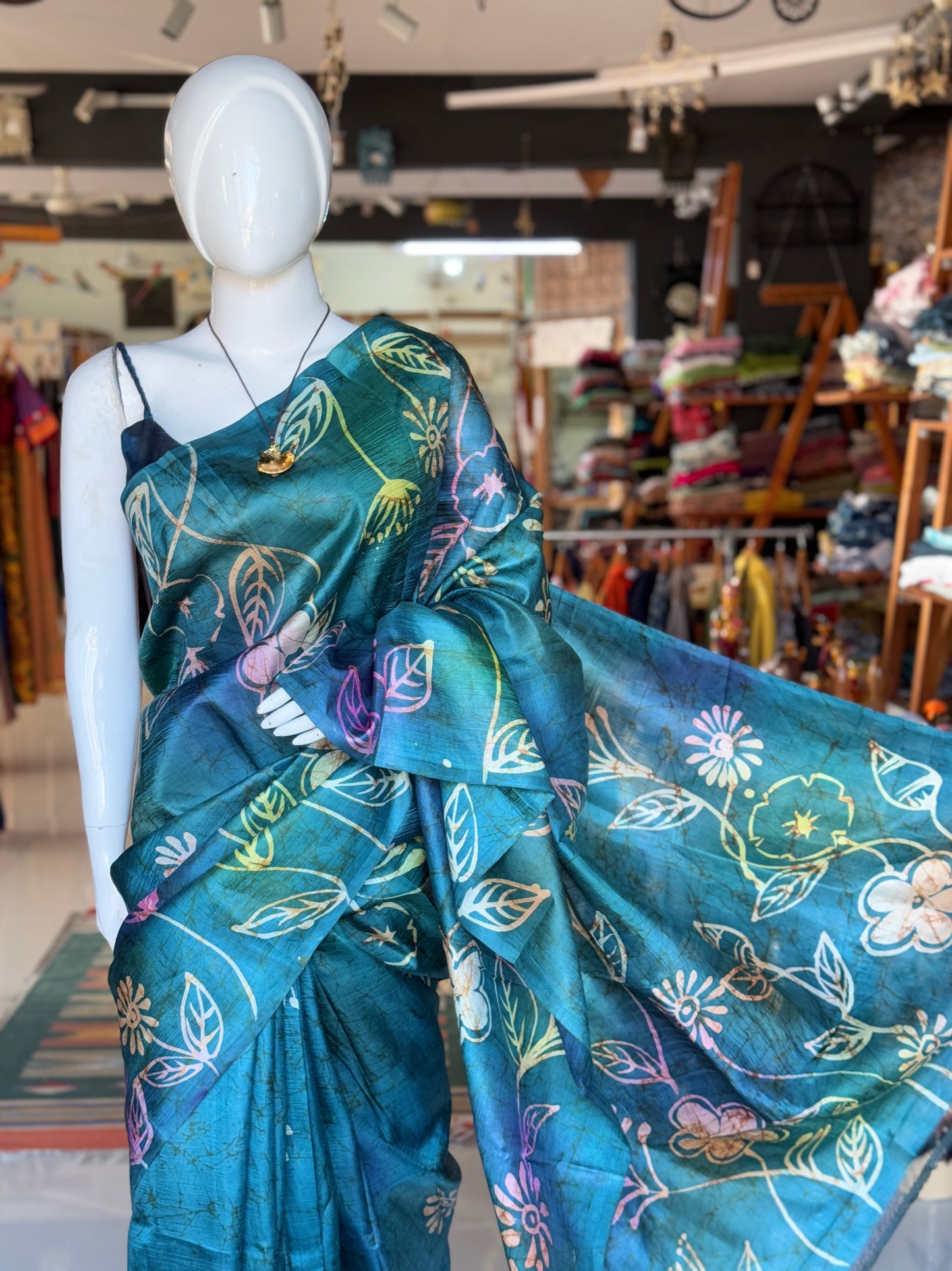 Teal blue hand painted Batik floral pure katan silk saree