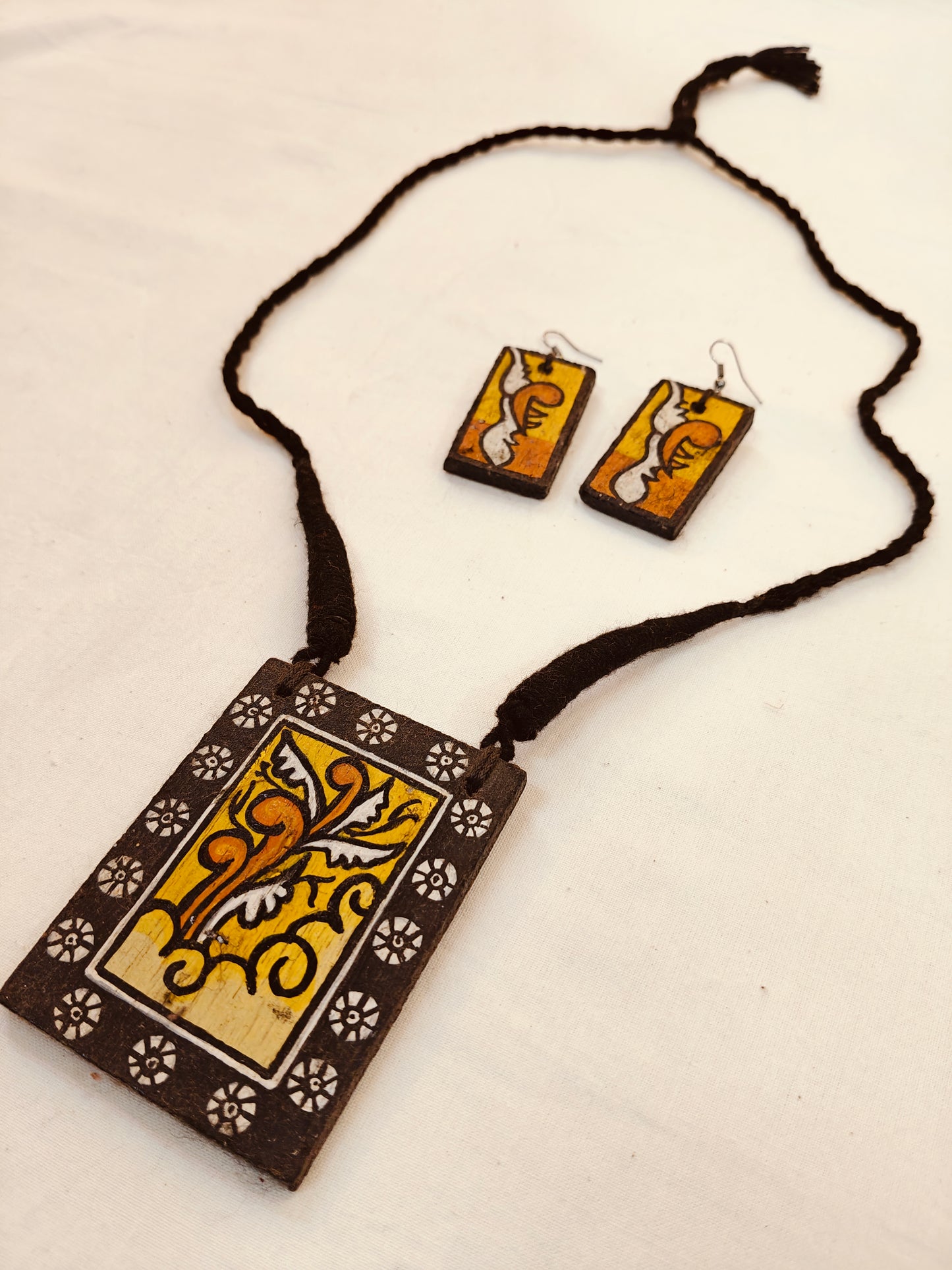 Black hand painted wooden neckpiece, earrings set