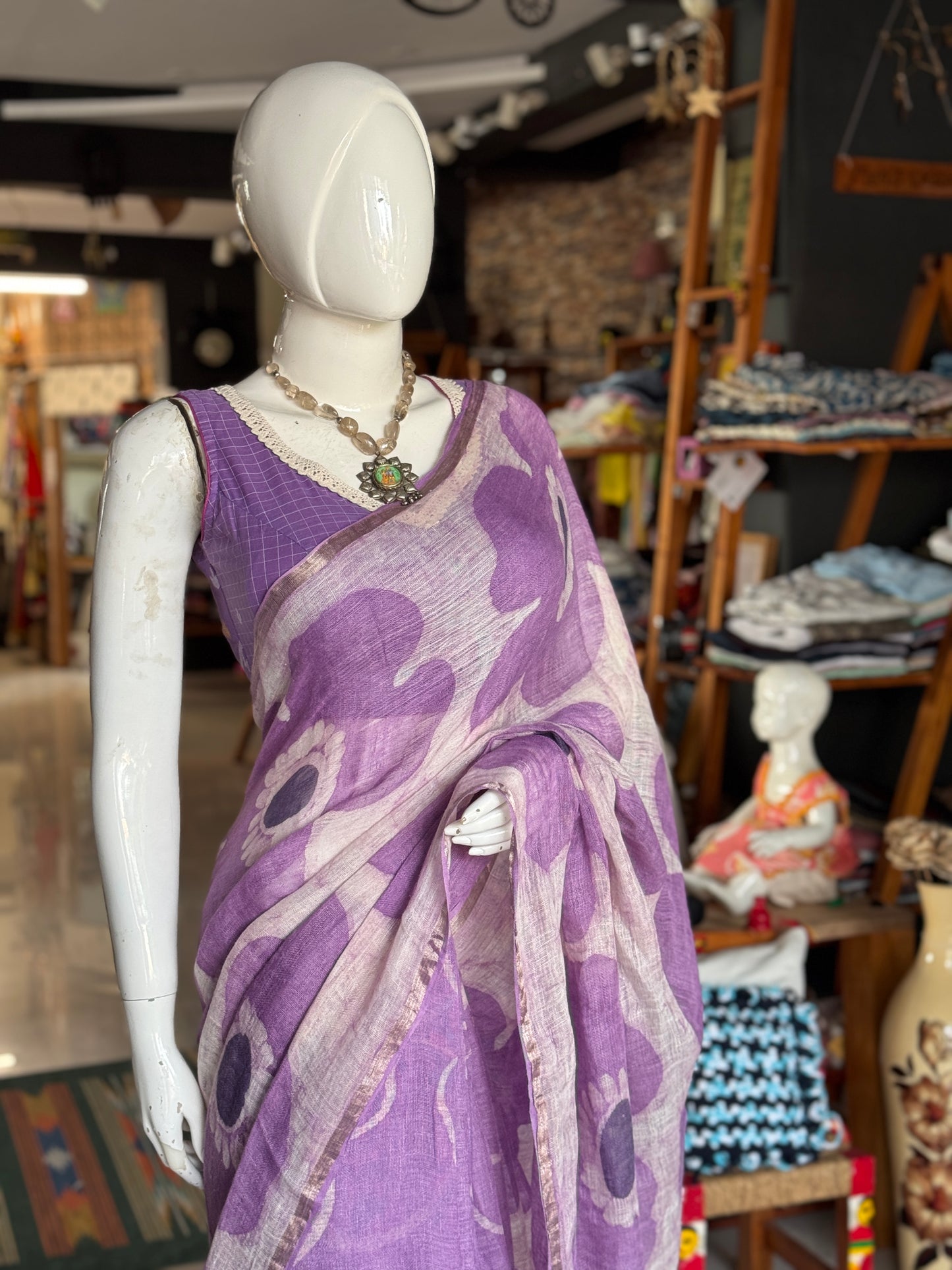 Lavender flowers hand painted linen saree