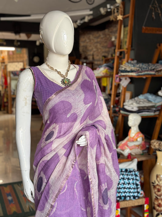 Lavender flowers hand painted linen saree
