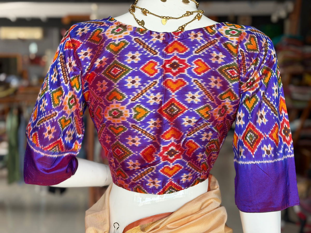 Violet silk Ikat handloom elbow sleeves princess cut front open blouse