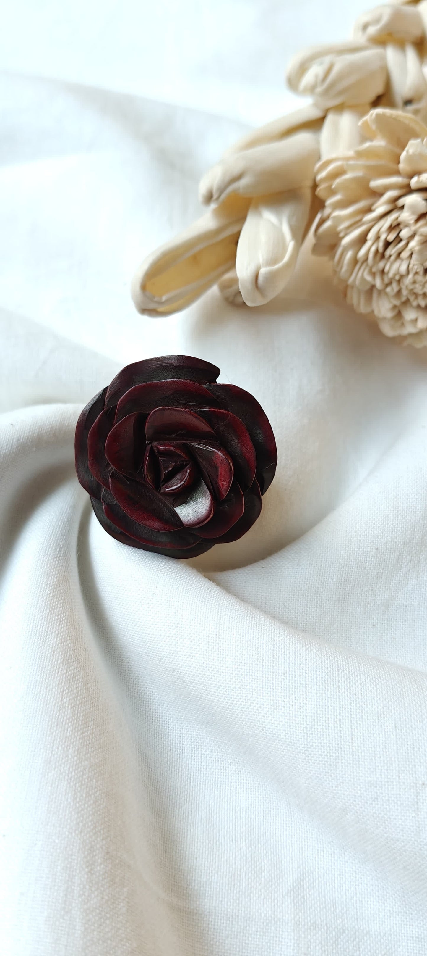 Rose hand carved finger ring in yellow wood - color options available