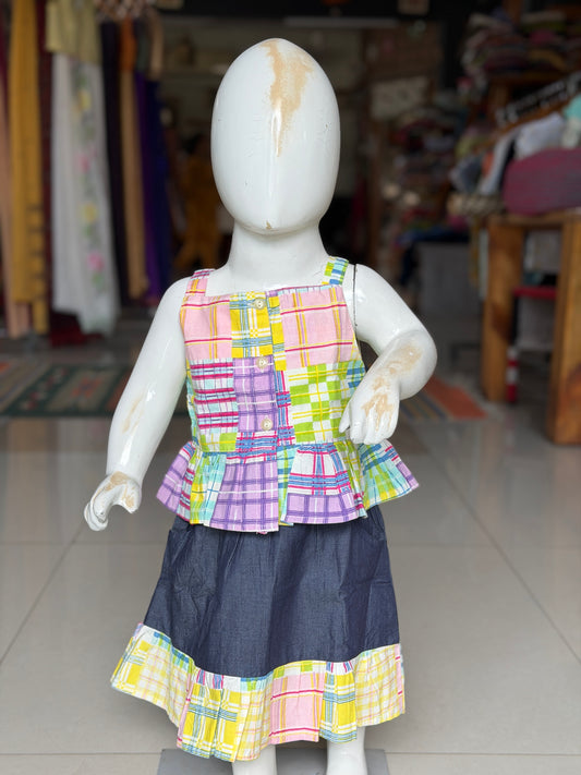 Colorful checks top and denim skirt coord set for little girls