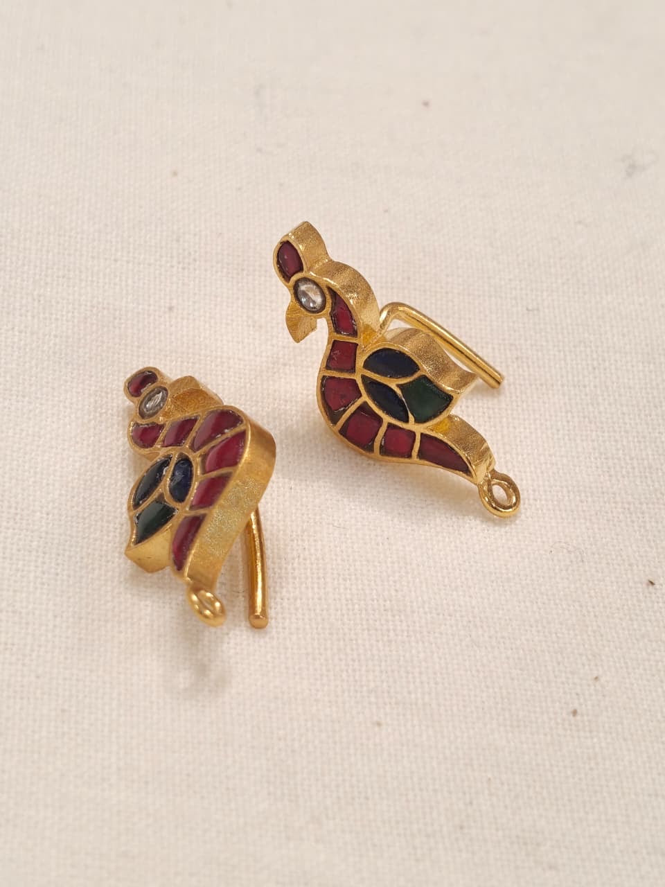 Birds silver ear hooks in Pink and green stones