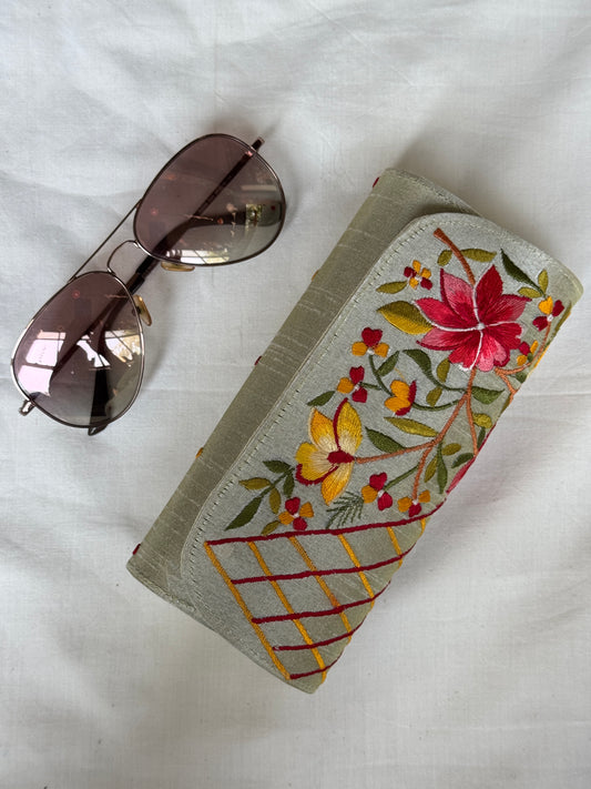 Embroidered hard base goggles / spectacles case with magnetic closure