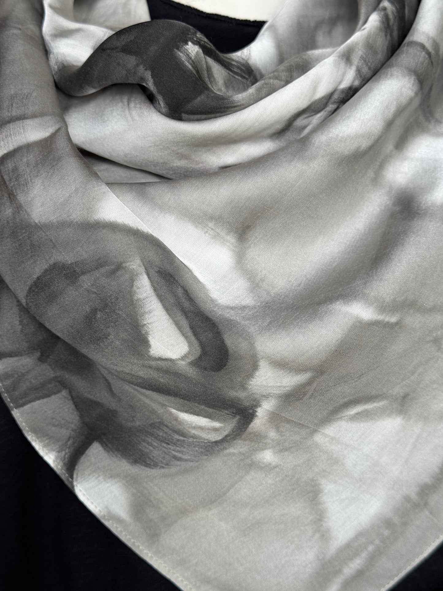White and grey handpainted modal satin scarf
