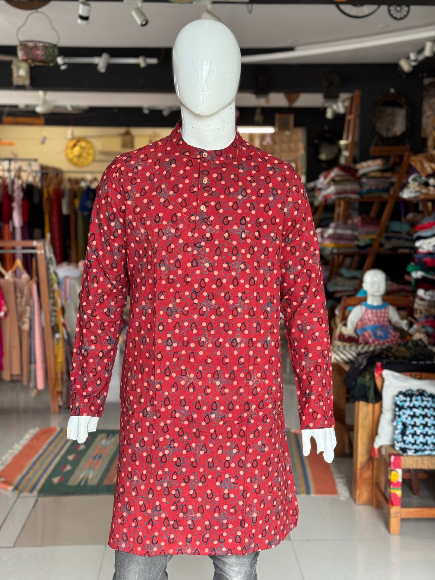 Ajrakh hand block printed cotton long kurta for men