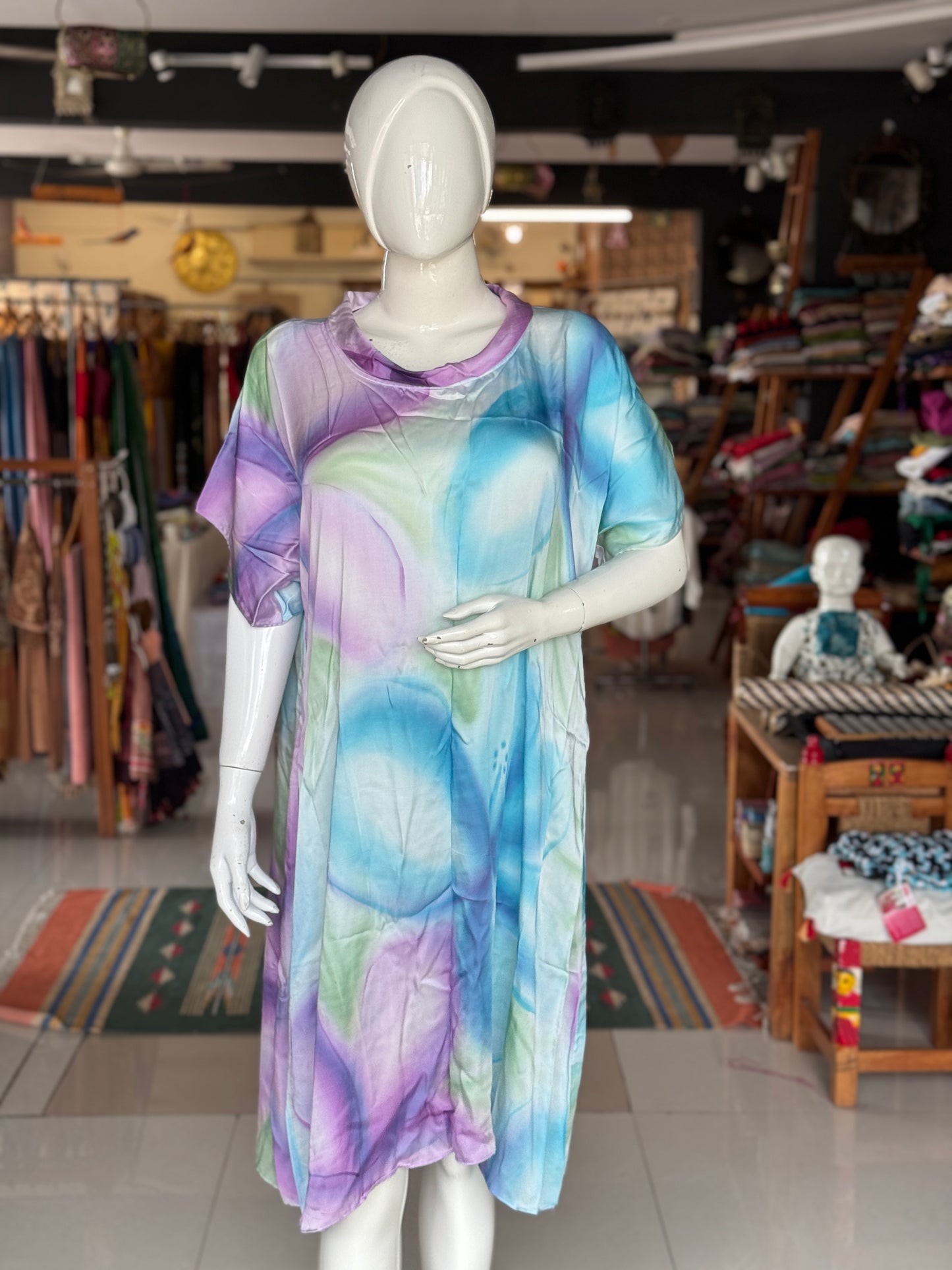 Blue, green and pink modal satin collared handpainted kaftan style free size dress