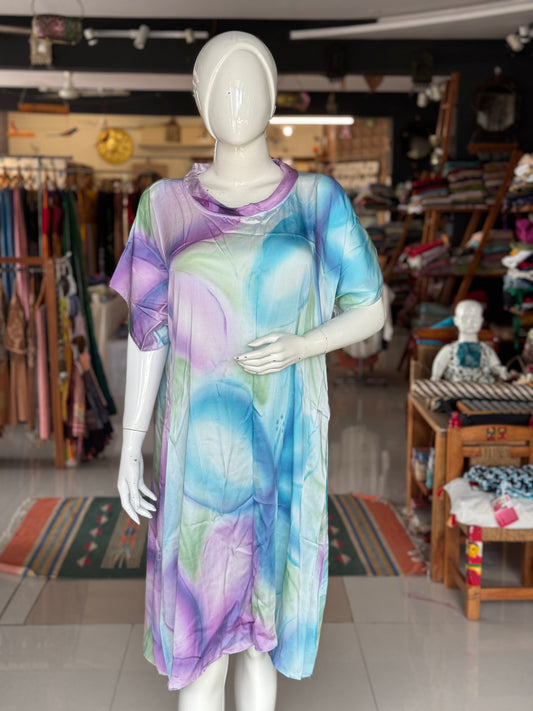 Blue, green and pink modal satin collared handpainted kaftan style free size dress