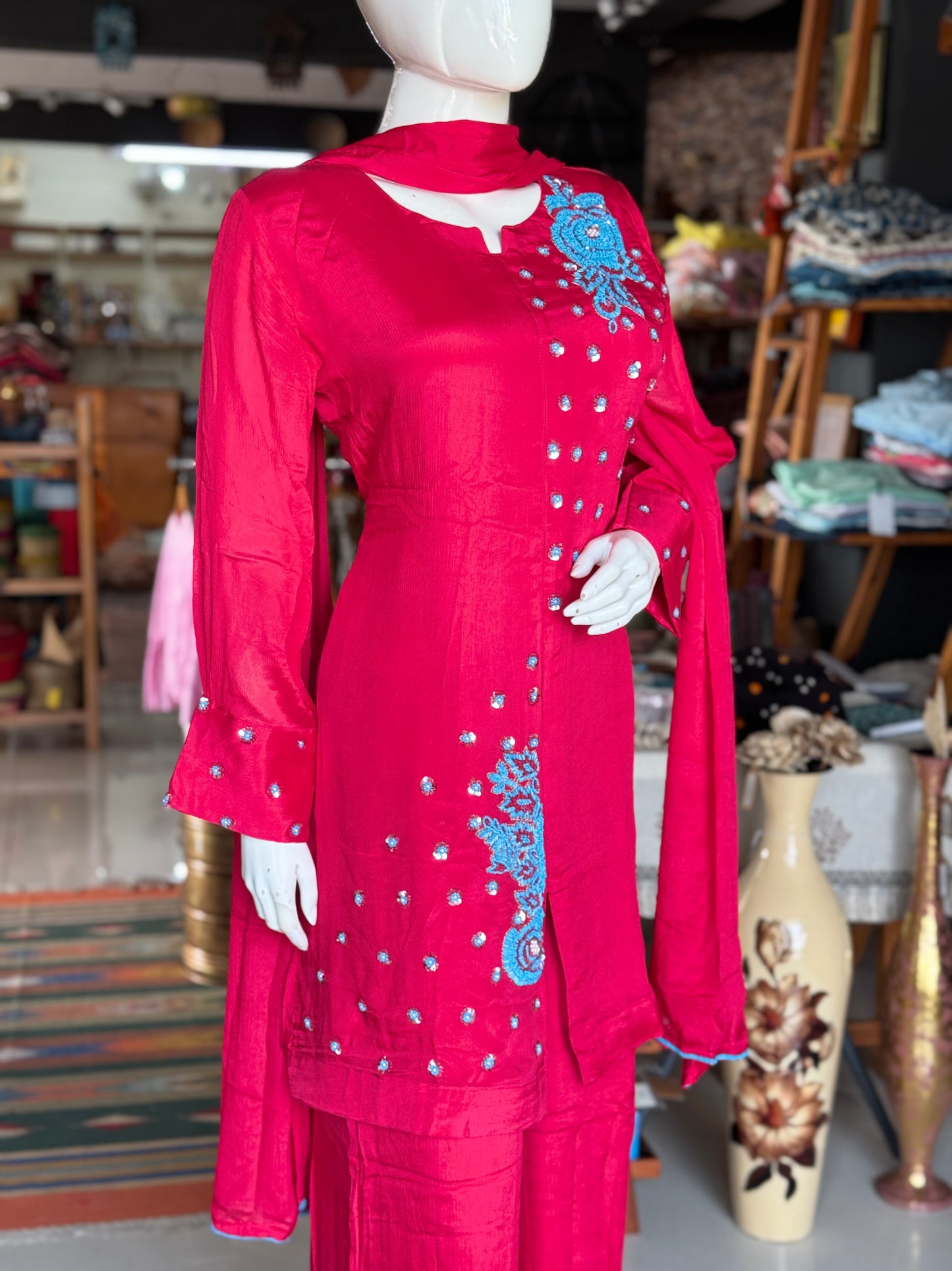 Hot pink wrinkled georgette embroidered 3 piece suit set - festive wear set